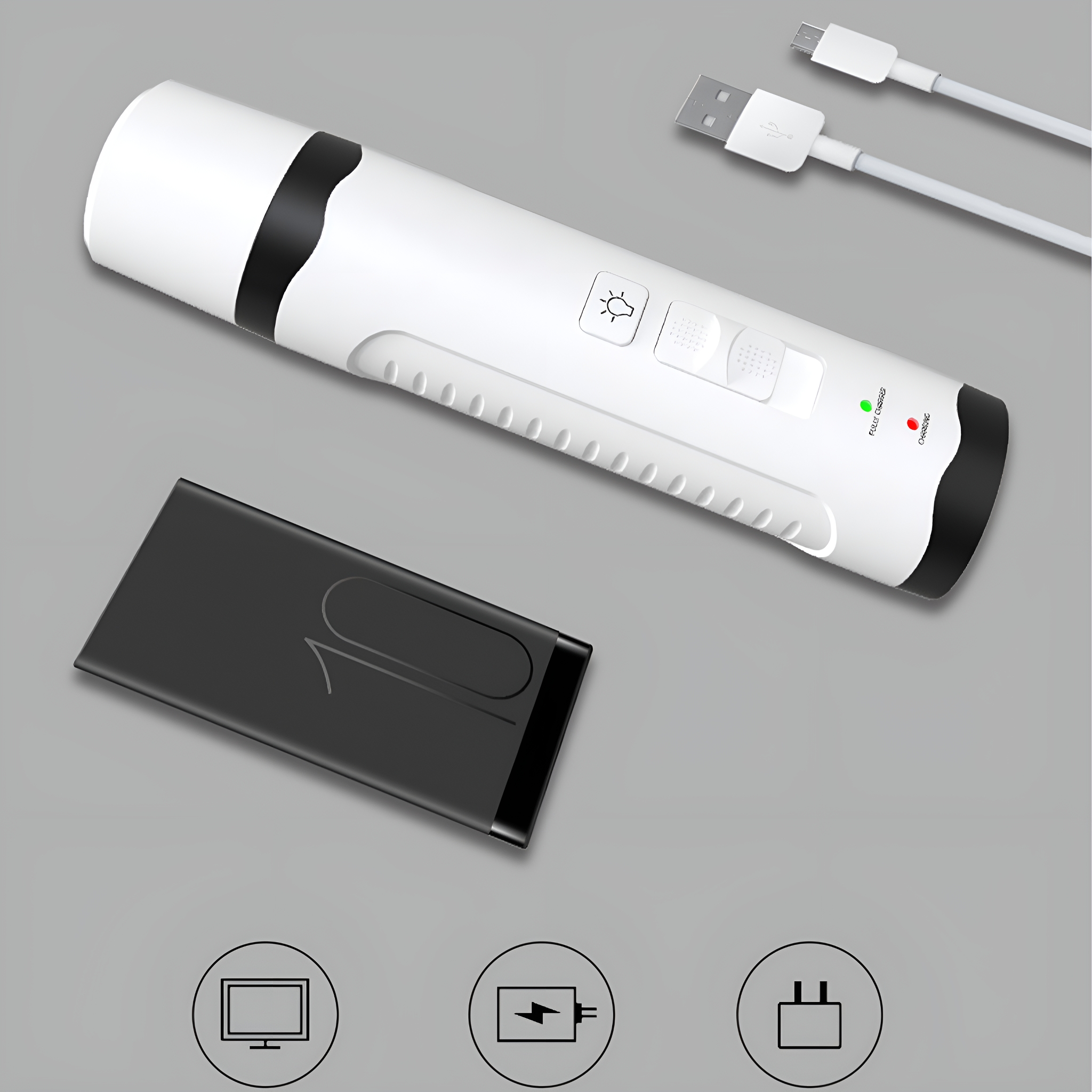 Weiße Taschenlampe und schwarze Powerbank. Enthält Ladekabel und Symbole für Geräte.
