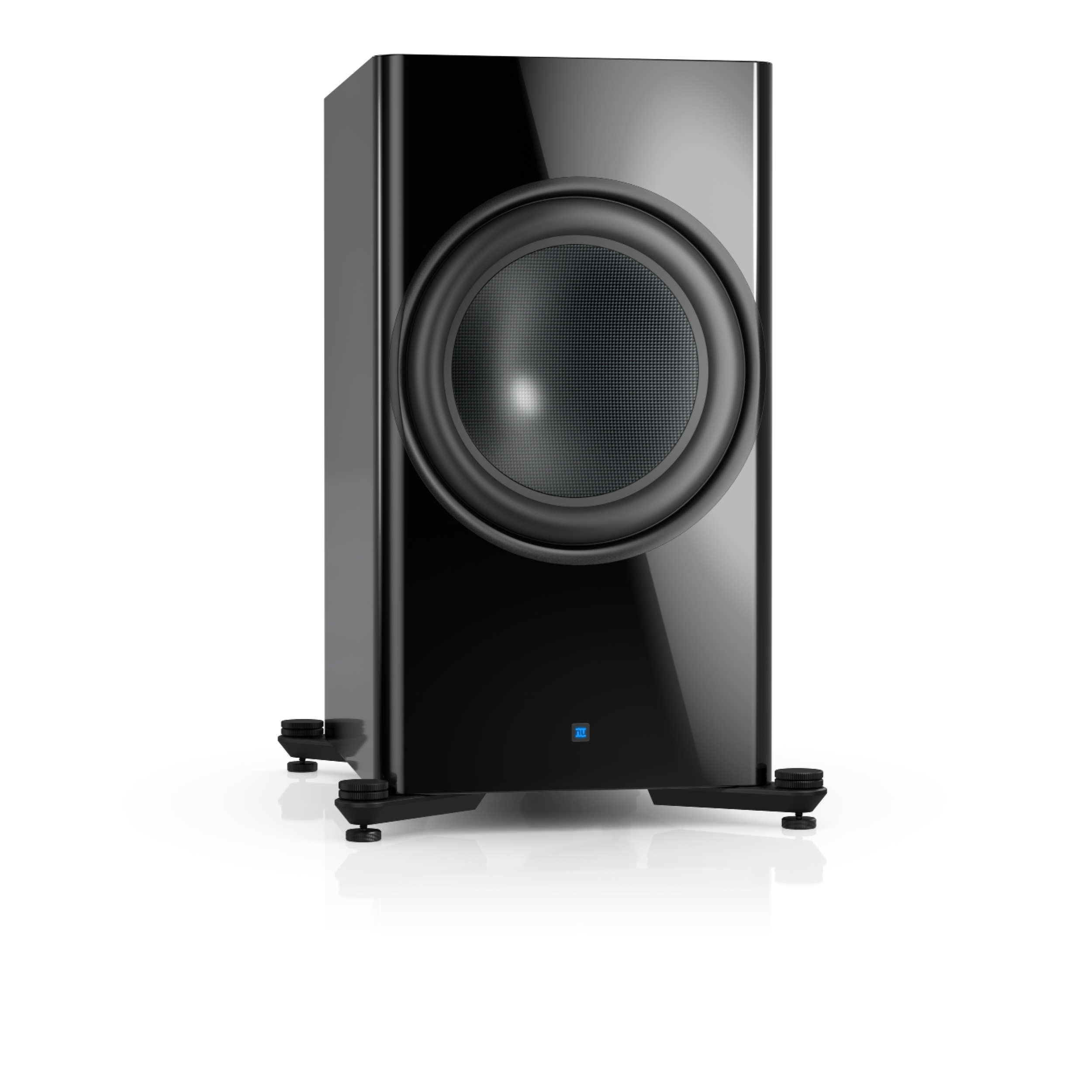 Schwarzer, glänzender Subwoofer auf Ständern, nach vorne gerichtet. Weißer Hintergrund.