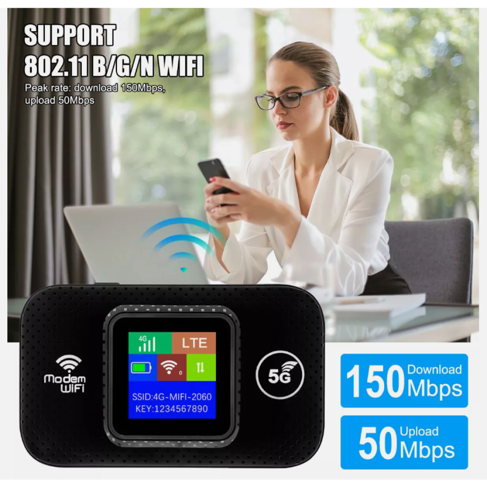 Eine Frau benutzt ein Smartphone vor einem mobilen WLAN-Router mit Download- und Upload-Geschwindigkeitsanzeigen.
