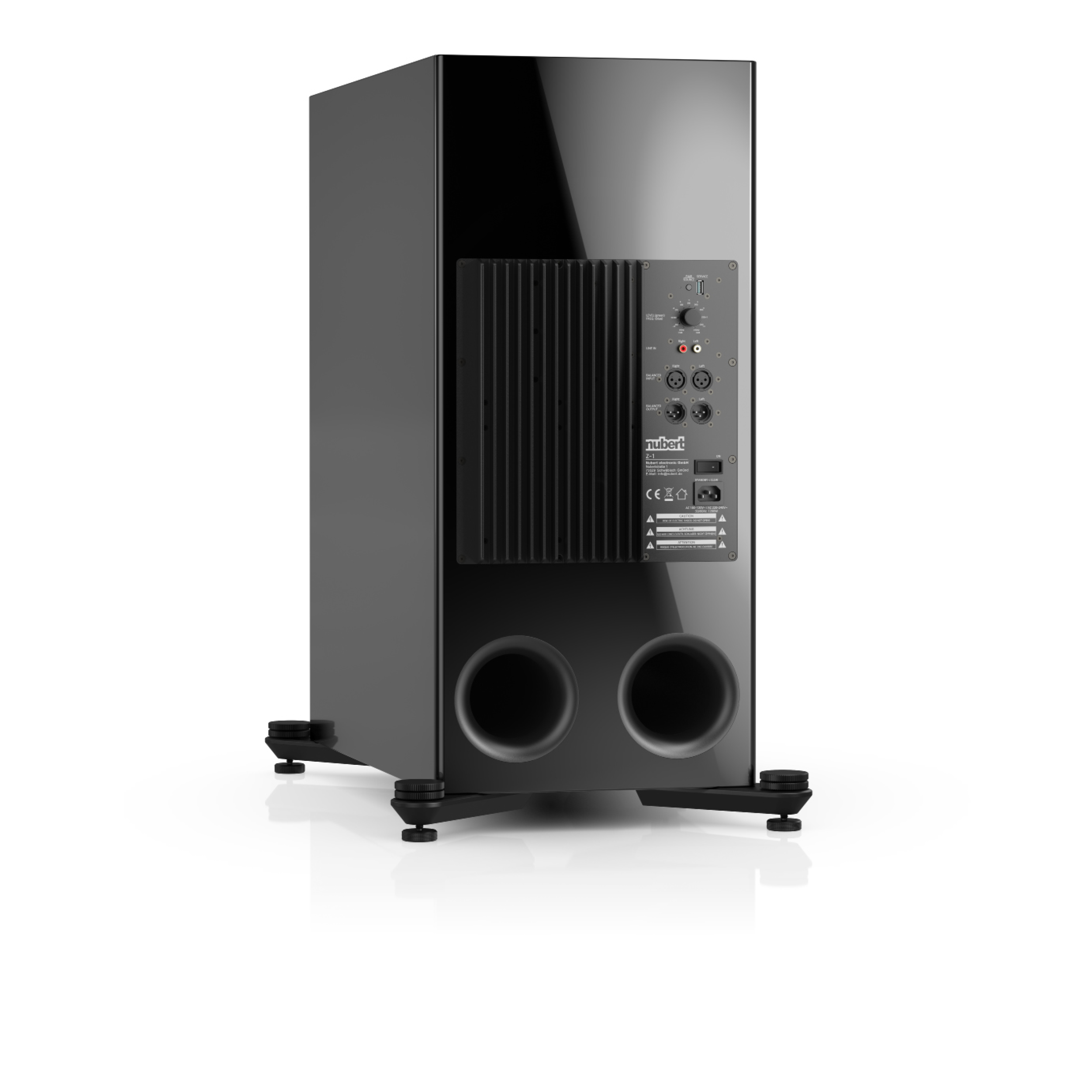 Schwarzer Subwoofer-Lautsprecher mit Rückansicht, Anschlüsse und große Öffnung zeigend.