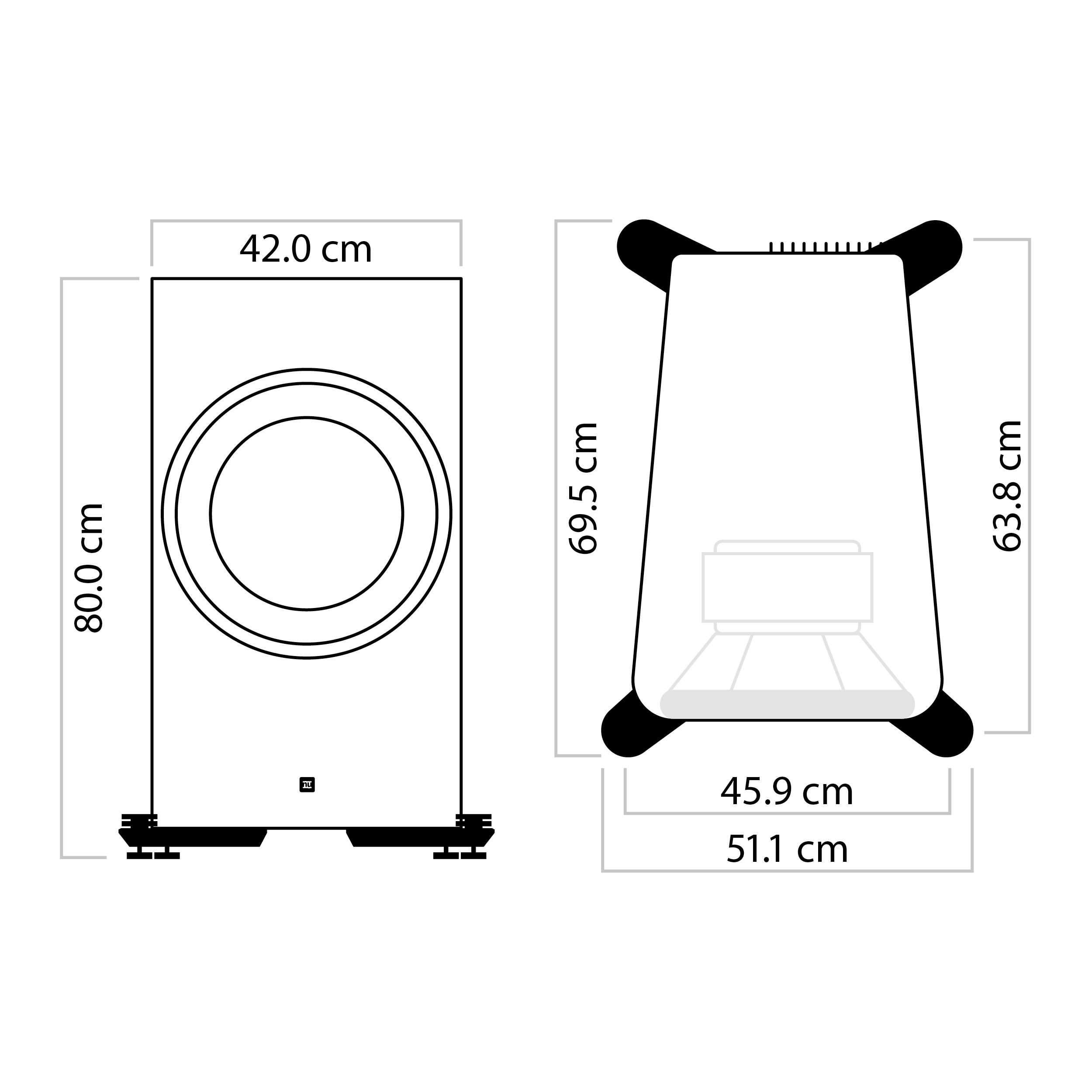 Diagramm eines Lautsprechers mit Abmessungen. Vorder- und Seitenansicht. Weißer Hintergrund.