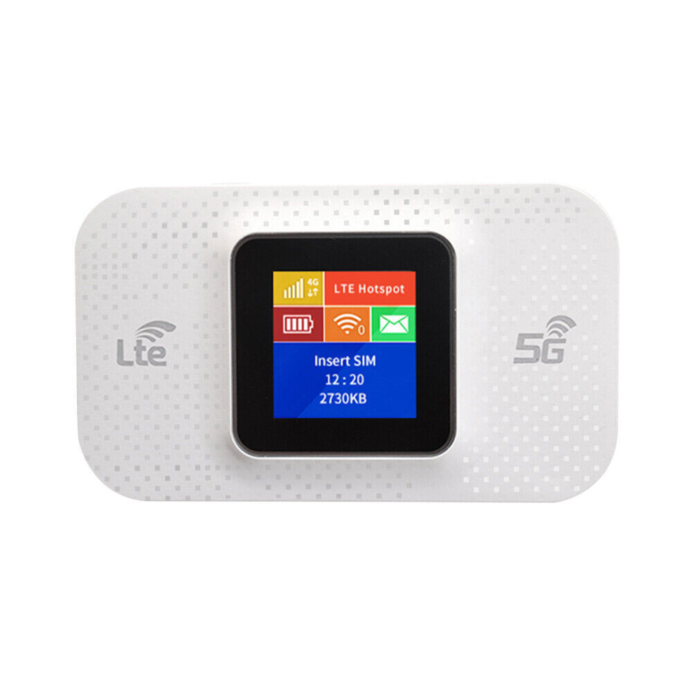 Weißes LTE/5G-Hotspot-Gerät mit Bildschirm, der Signal und Einstellungen anzeigt, weißer Hintergrund.