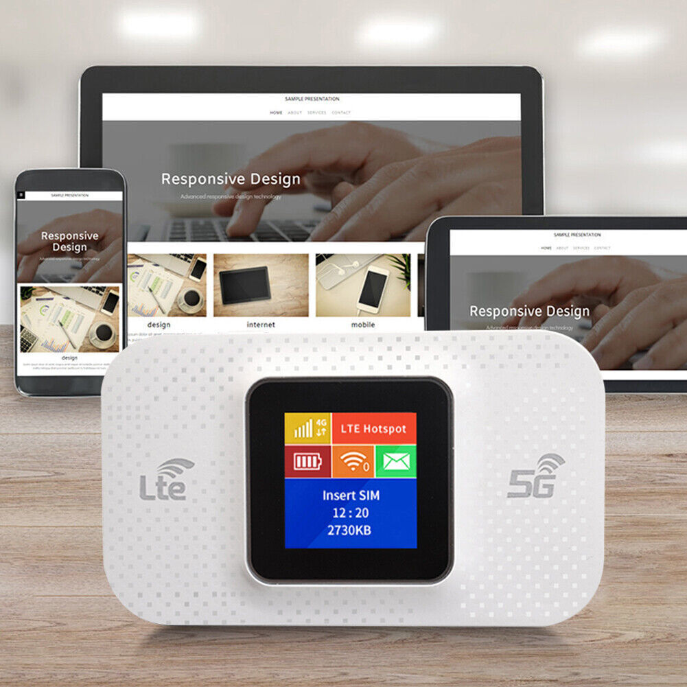 Verschiedene Geräte mit angezeigten Websites und ein weißer LTE-Hotspot.