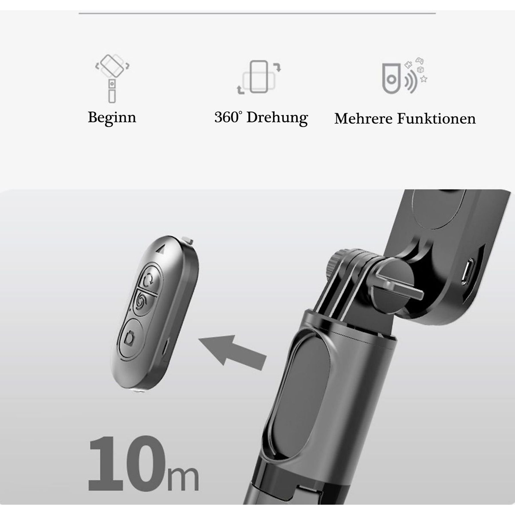 Ein Selfie-Stick mit Fernbedienung wird gezeigt. Er hat Symbole, die Funktionen wie Drehung und Aktion anzeigen.