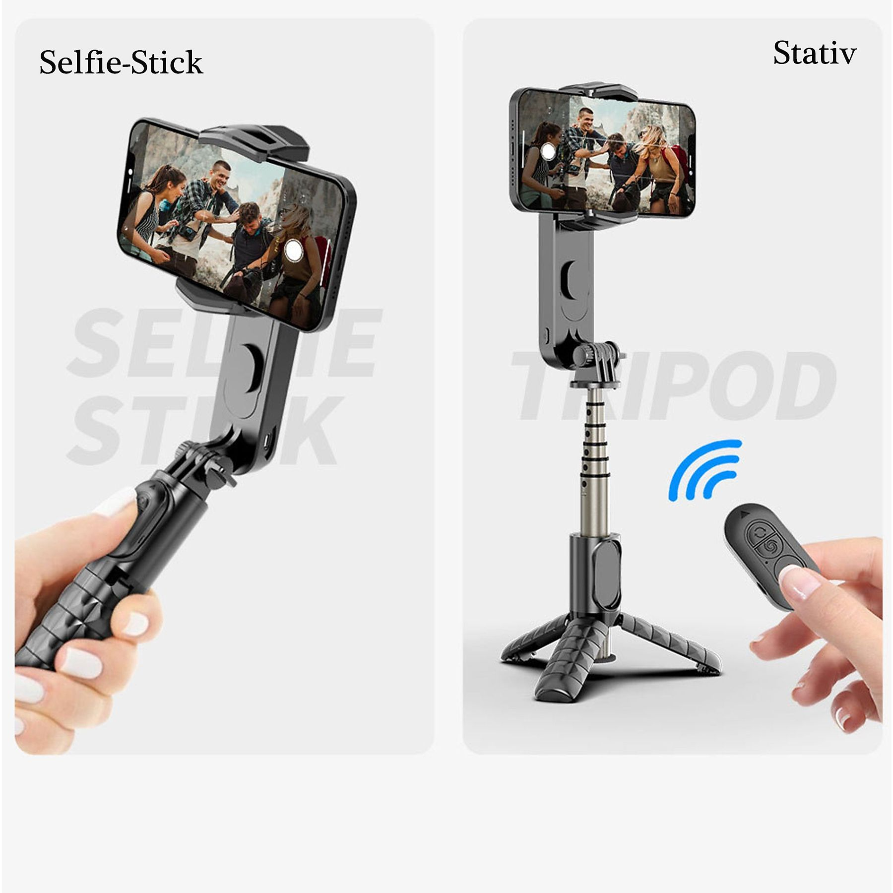Selfie-Stick und Stativ mit befestigtem Telefon, zeigt Personen beim Fotografieren und eine Fernbedienung.