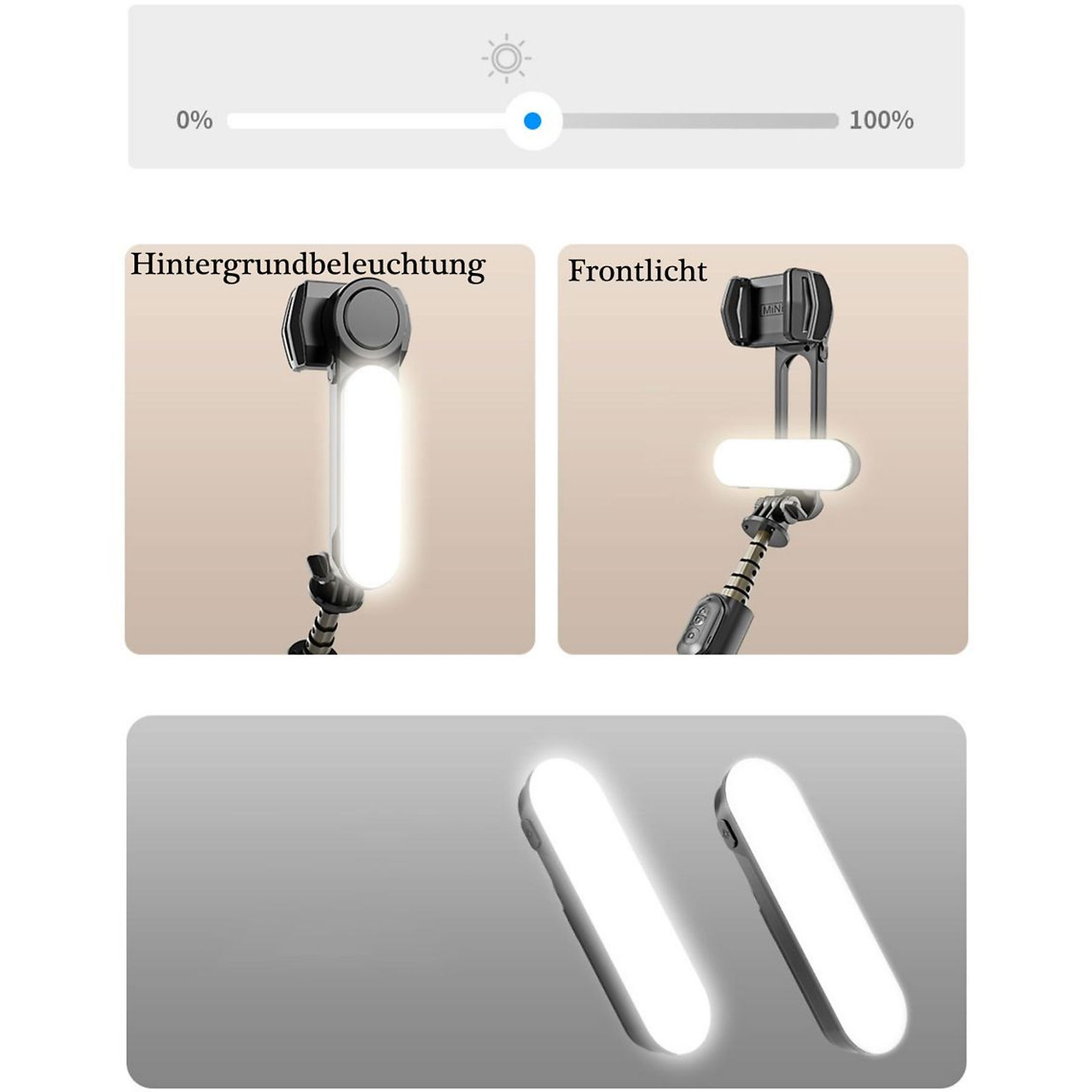 Zwei Lichter, ein und aus, beleuchten Front- und Hintergrundlicht, mit einem Helligkeitsregler.