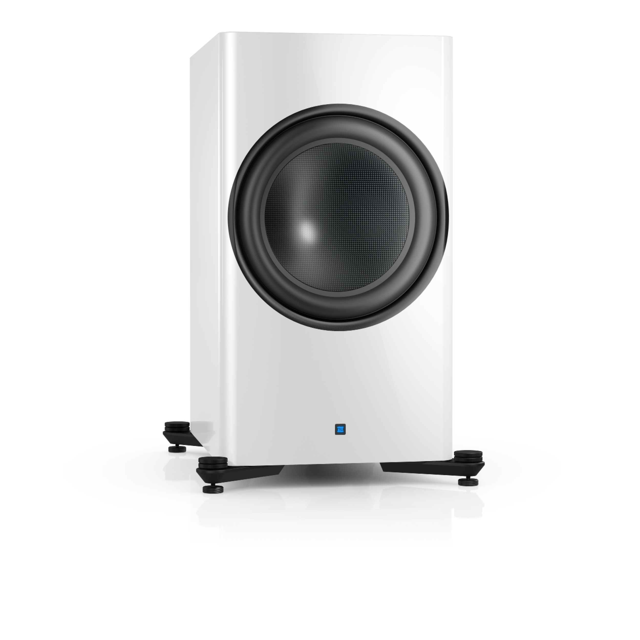 Ein weißer Subwoofer-Lautsprecher auf einem Ständer mit vier Beinen. Ein schwarzer Lautsprecher ist sichtbar.