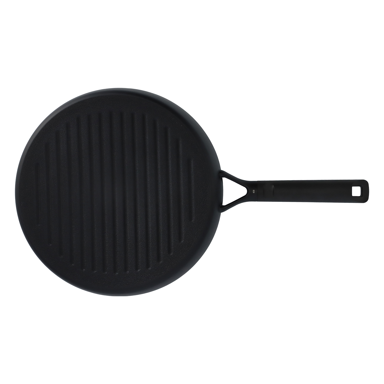 Eine schwarze, runde Grillpfanne mit Rillen und einem Griff, isoliert auf weißem Hintergrund.