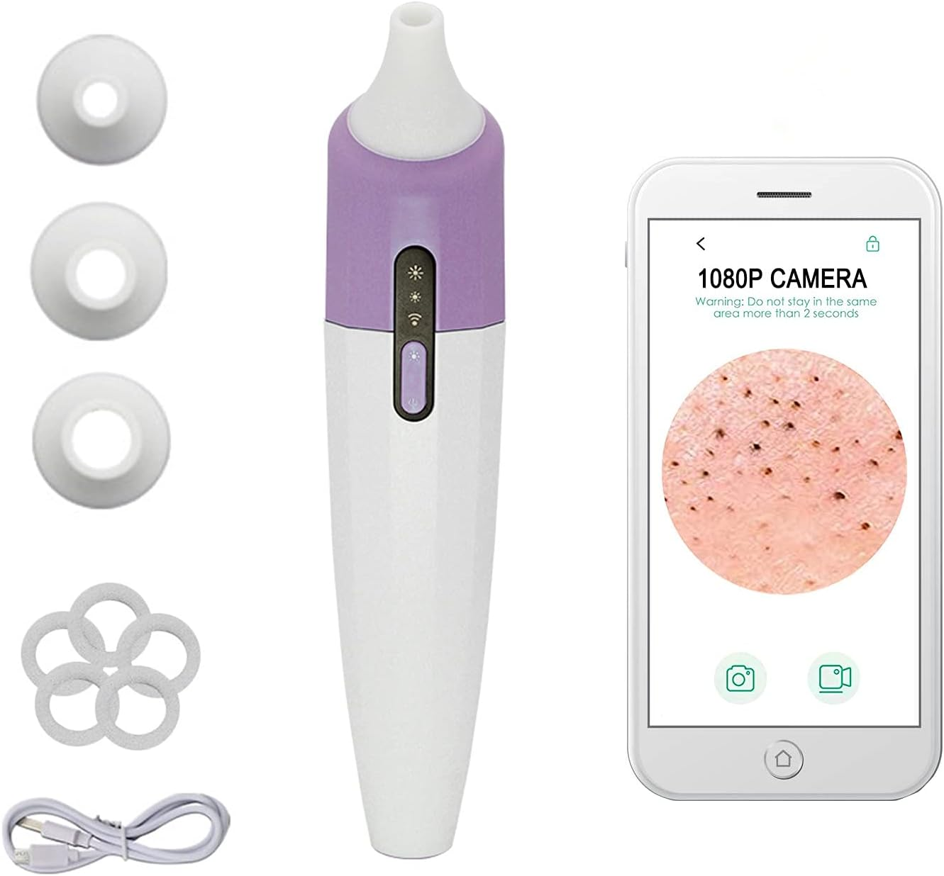 Ein weiß-violettes Poren-Vakuumgerät mit Zubehör und ein Telefon, das Haut mit Mitessern zeigt.