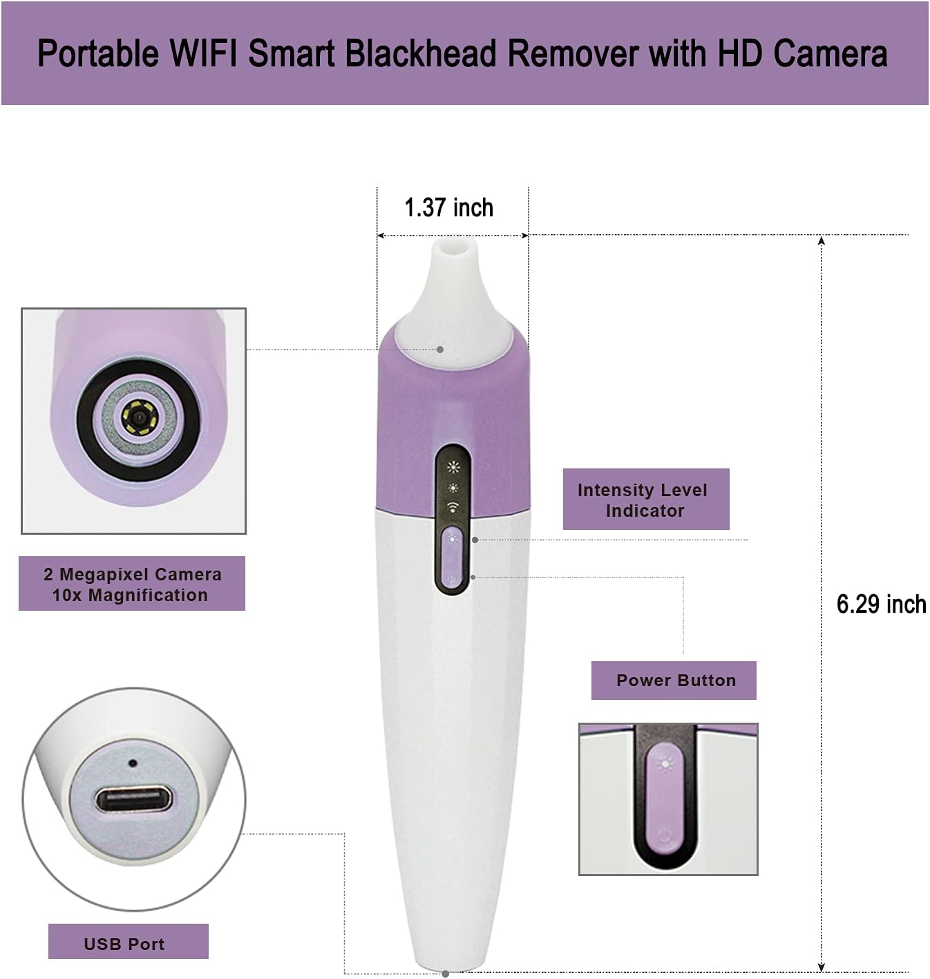 Tragbarer Mitesserentferner mit HD-Kamera. Enthält USB-Anschluss, Tasten und Abmessungen.