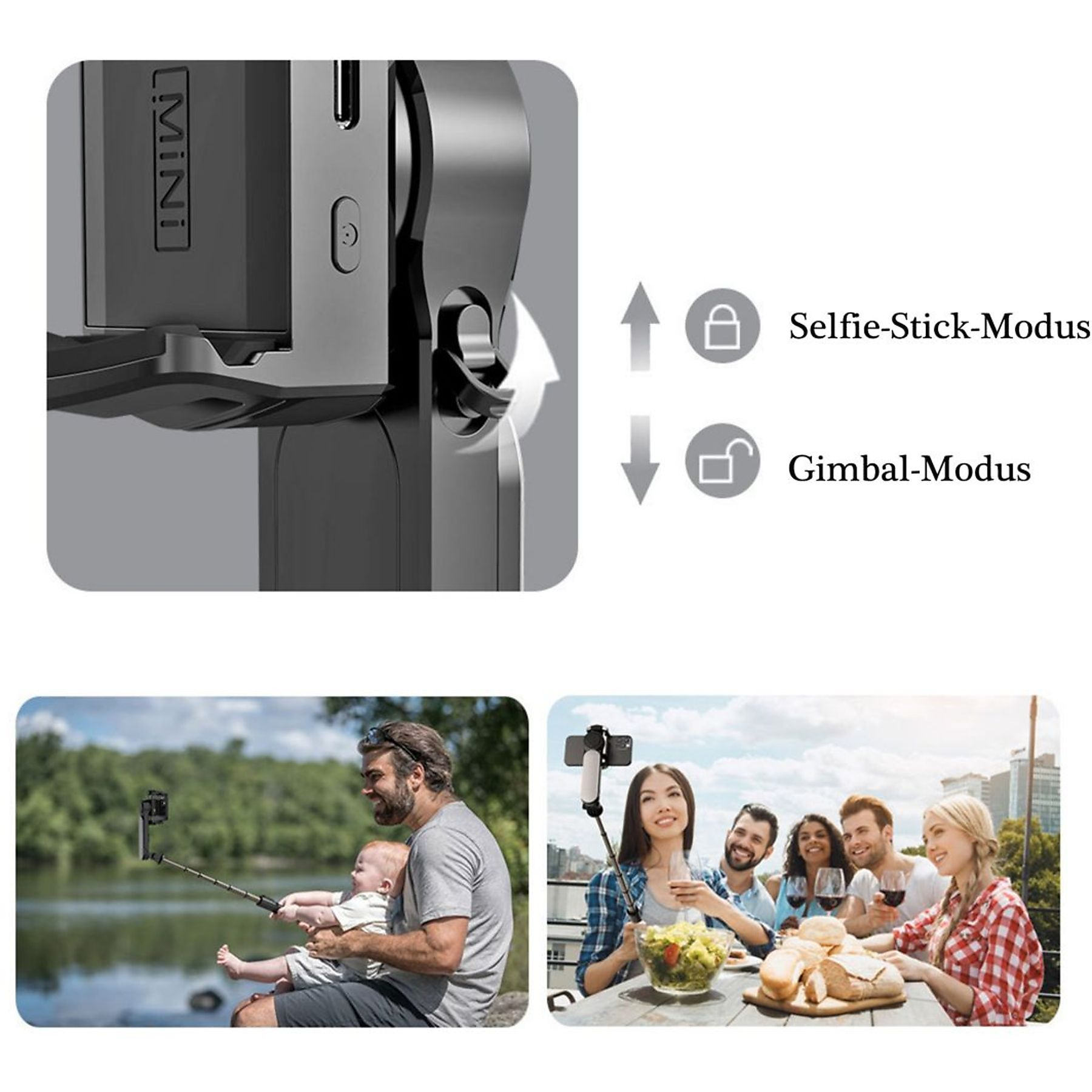 Ein schwarzes Gerät mit einem Bildschirm und Diagrammen, die Selfie- und Gimbal-Modi veranschaulichen.
