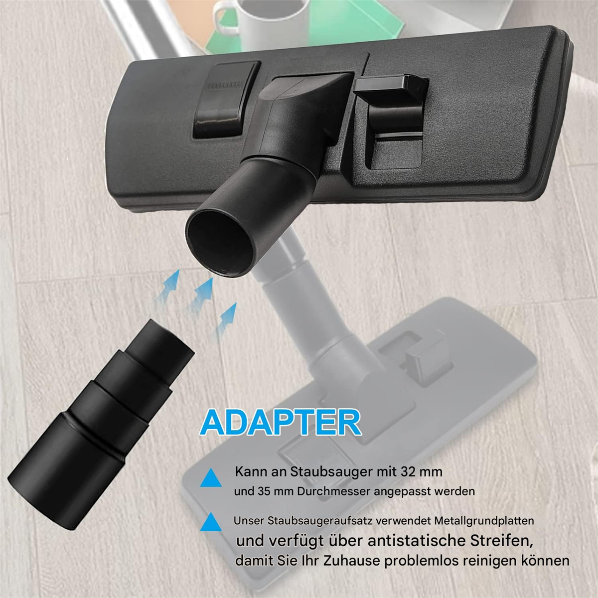 Staubsaugerkopf mit Adapter, mit Text zur Kompatibilität und den Eigenschaften.