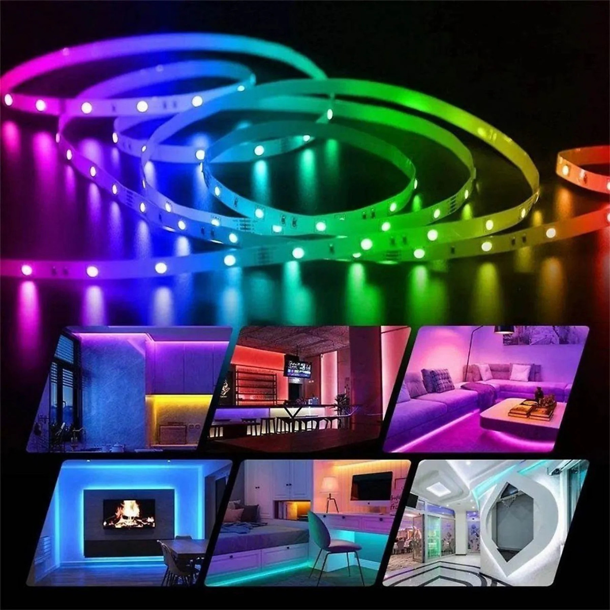 LED-Lichtstreifen in verschiedenen Farben mit Beispielen ihrer Verwendung in verschiedenen Räumen.