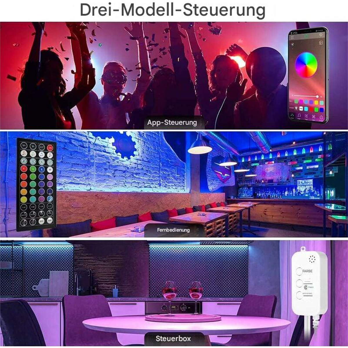 Drei Szenen mit Party, Bar und Küche, alle mit farbenfrohen LED-Lichtstreifen.