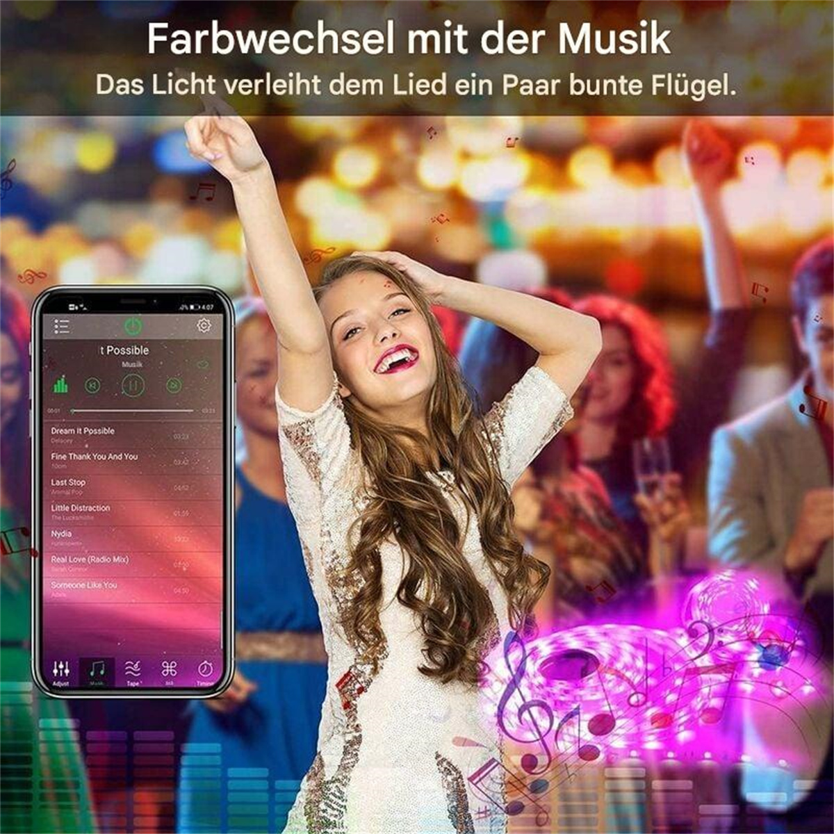 Eine Frau mit einem Telefon, das eine Musik-App zeigt, Lichter und Menschen im Hintergrund.