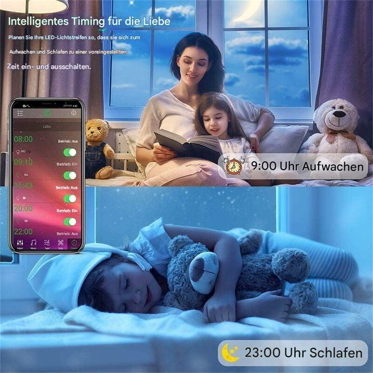 Das Bild zeigt eine Mutter und ein Kind beim Lesen und ein schlafendes Kind mit Teddybär.