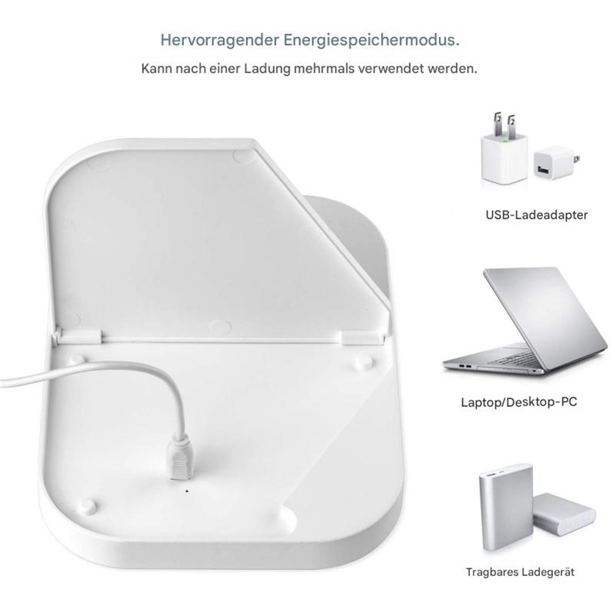 Weißes Ladegerät mit anderen Ladegeräten. Text auf Deutsch mit Produktdetails.