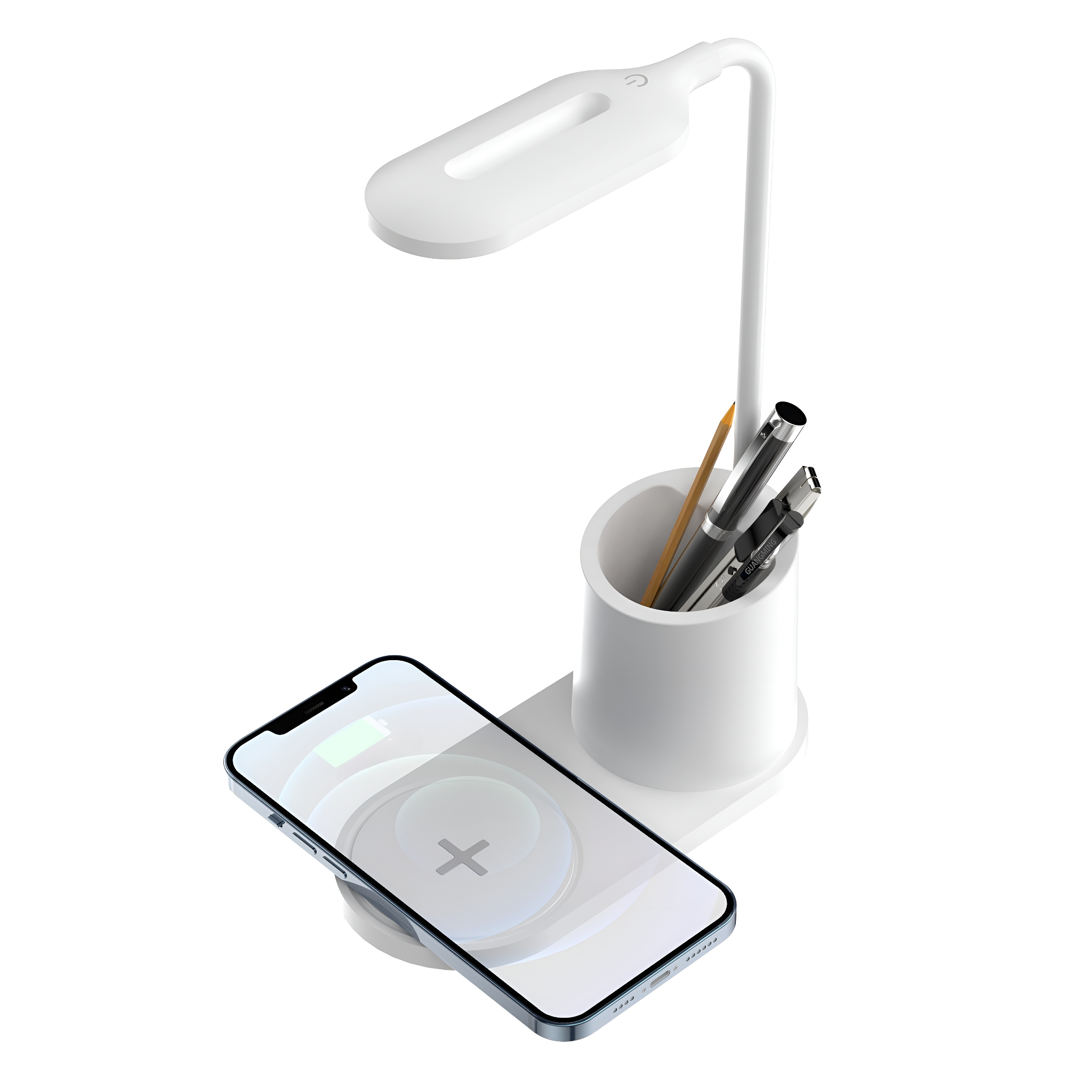 Weiße Schreibtischlampe mit Ladepad und Stifthalter. Telefon und Stifte sind sichtbar.
