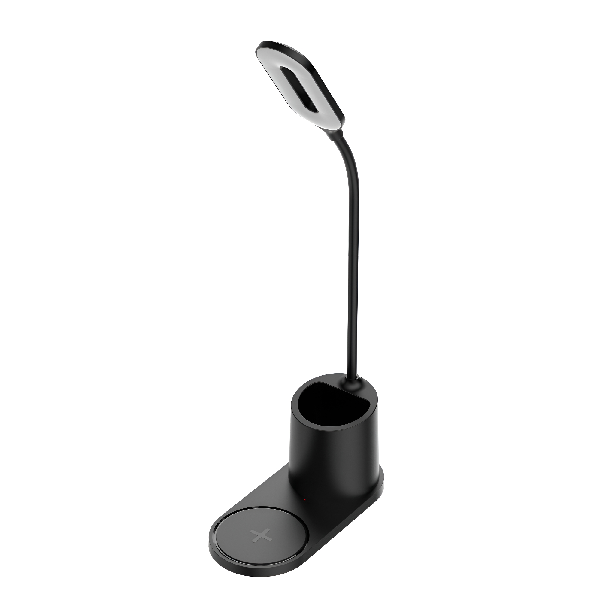 Eine schwarze Schreibtischlampe mit Stifthalter und kabellosem Ladepad.