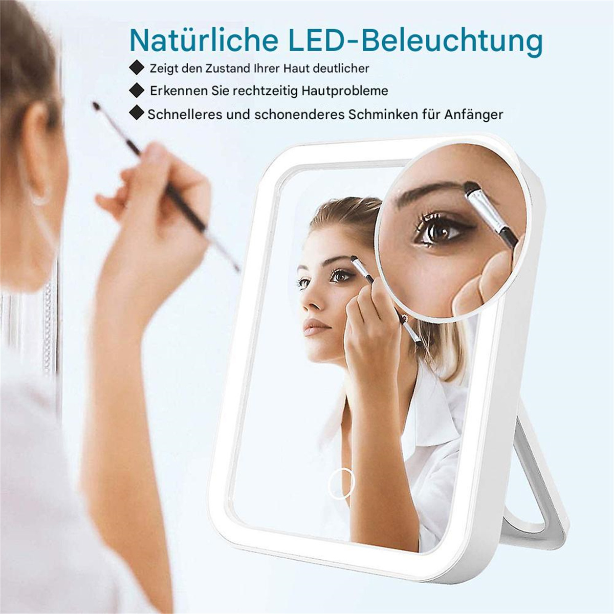 Frau benutzt einen Schminkspiegel mit LED-Beleuchtung, Nahaufnahme der Augenbraue.