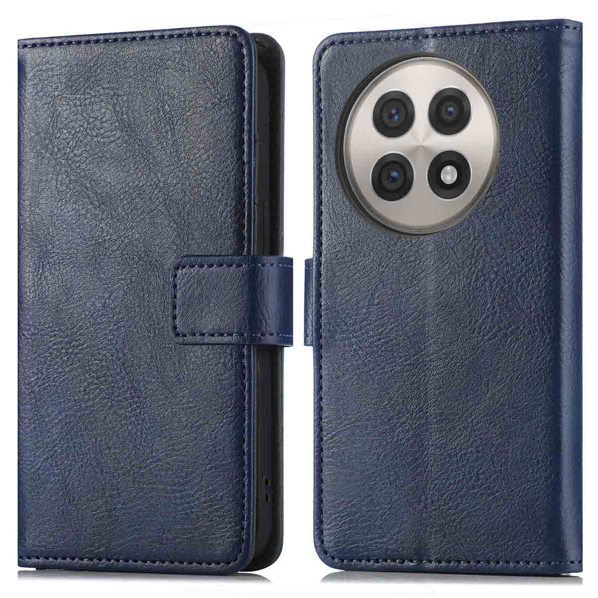 Étui de téléphone bleu foncé, simili cuir, avec fermeture magnétique et découpe caméra.