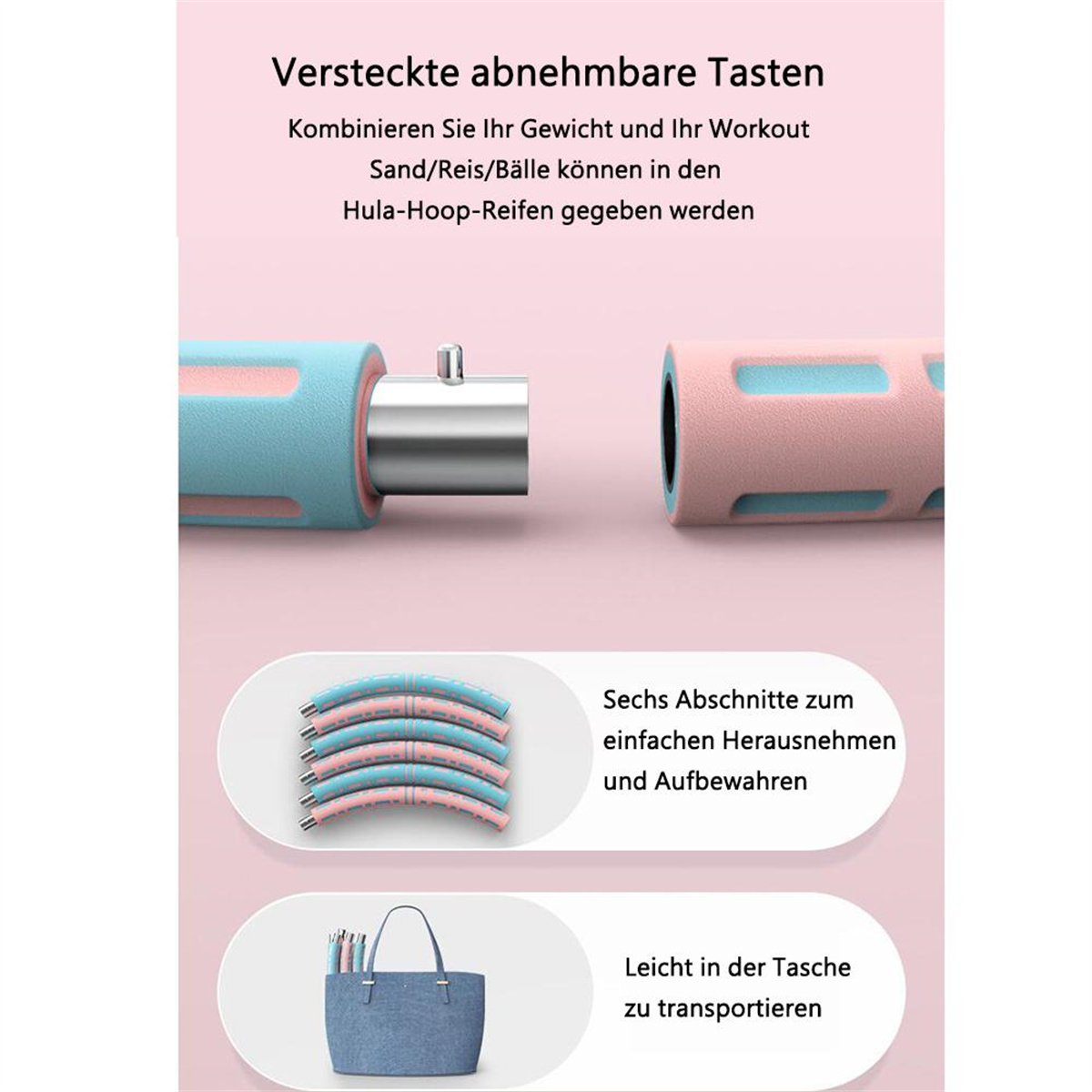 Zerlegter Hula-Hoop-Reifen mit rosa und blauen Teilen, Text über Fitness und eine Tragetasche.