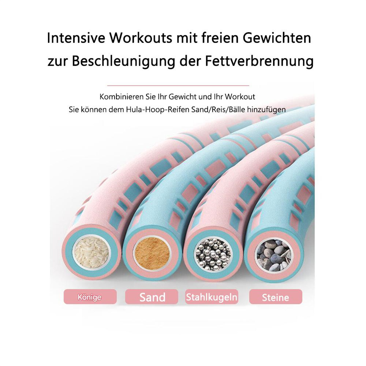 Vier bunte Hula-Hoop-Reifen. Reifen sind rosa und blau, gefüllt mit Reis, Sand, Stahlkugeln und Steinen.