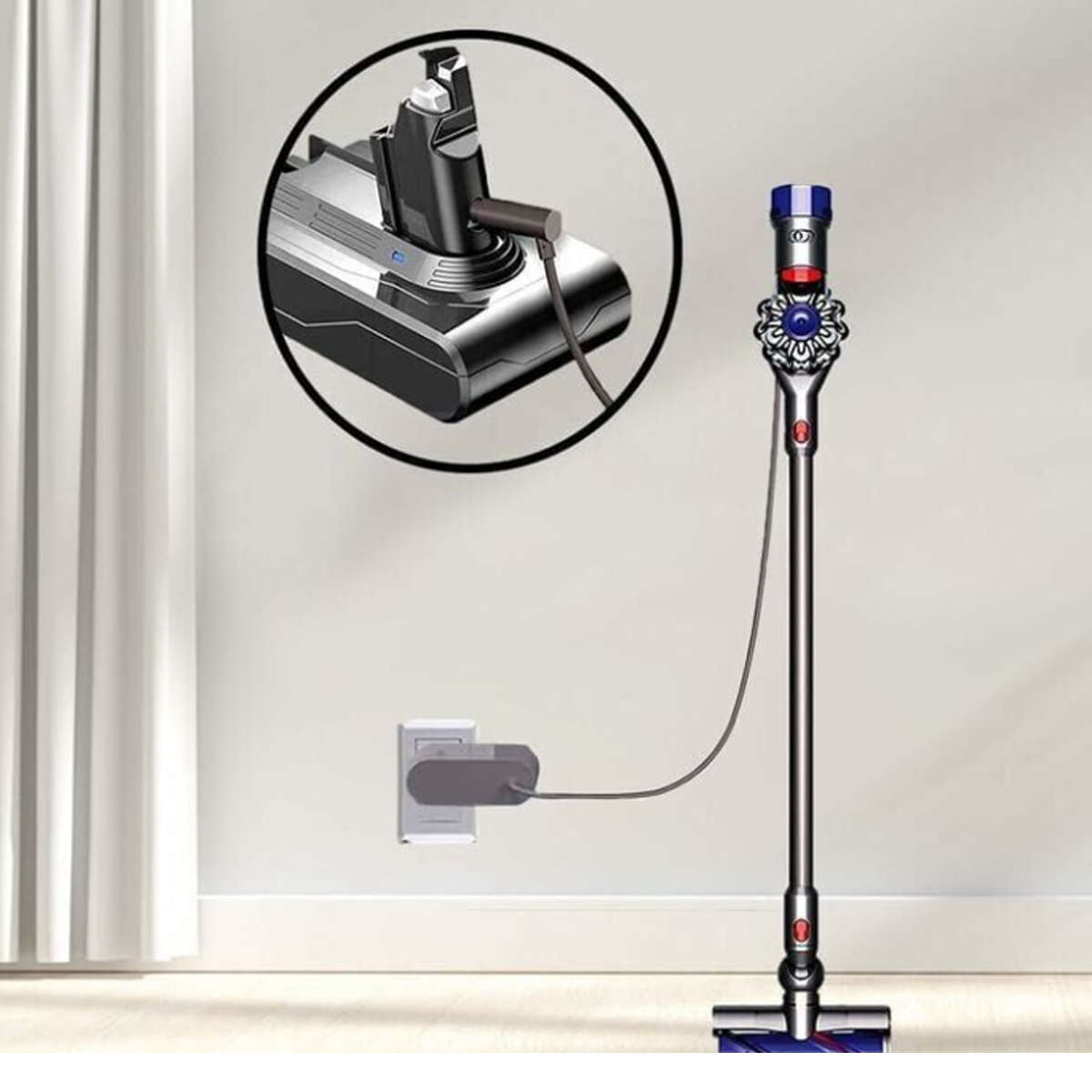 Ein Dyson-Staubsauger, der in einer Steckdose geladen wird, mit Nahaufnahme des Ladegeräts.