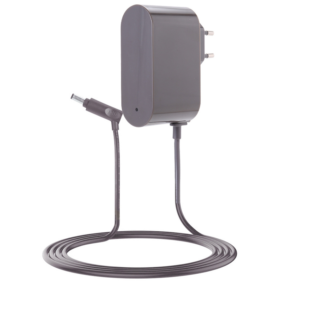 Dunkelgraues Ladegerät mit Kabel. Es hat einen Stecker und einen kleinen Ladeanschluss. Das Kabel ist aufgerollt.