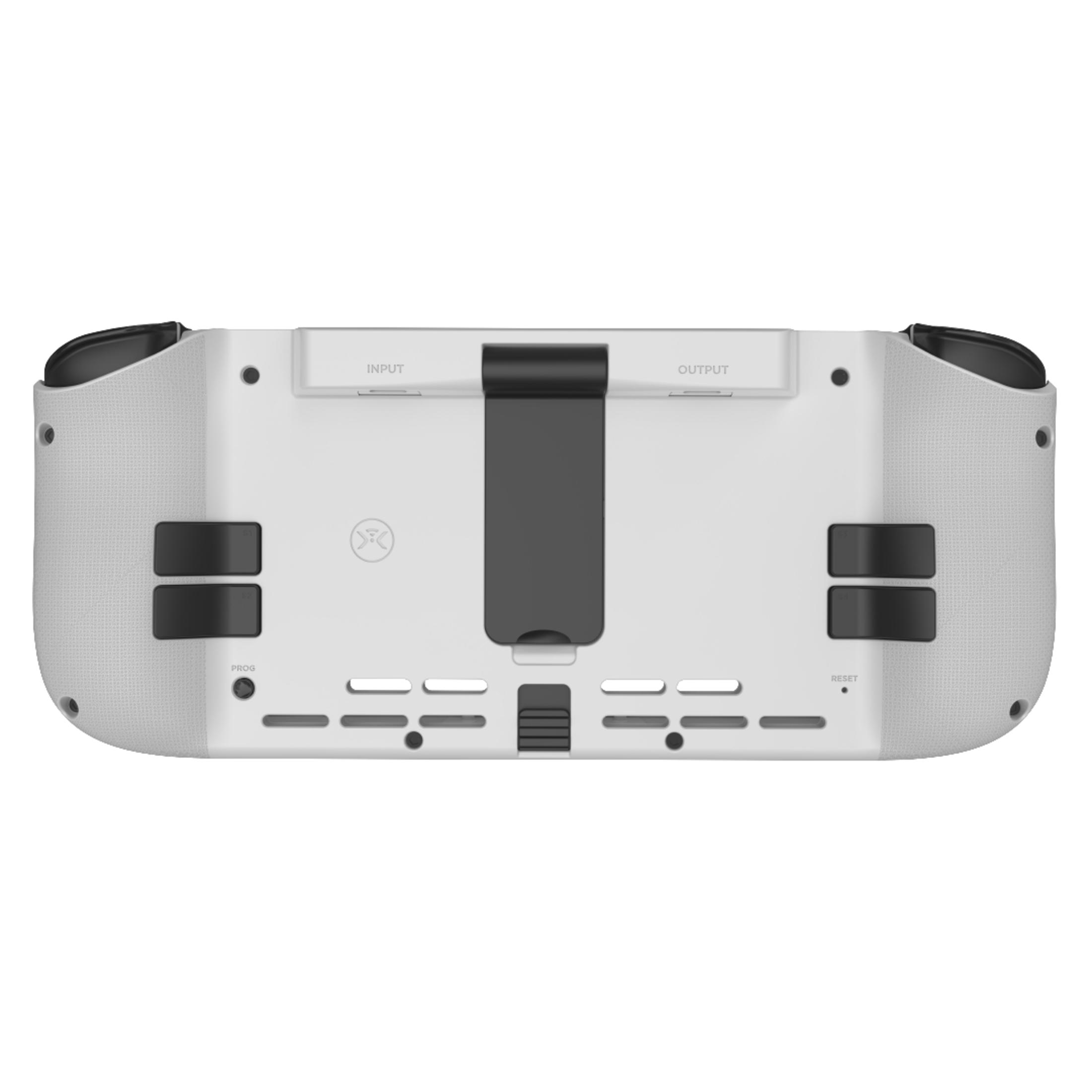 Ein weißes Handheld-Spielgerät mit Eingangs- und Ausgangsanschlüssen.