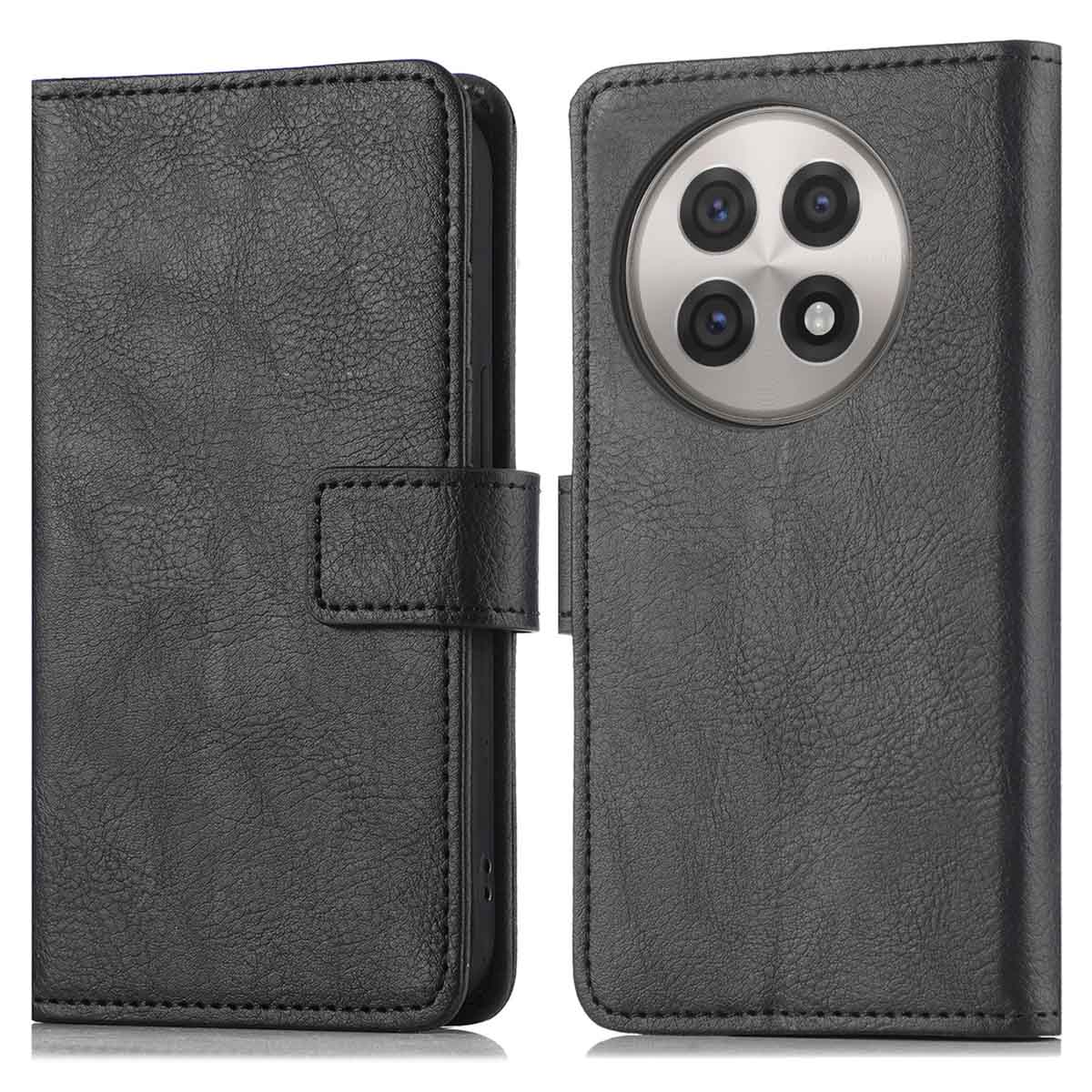 Étui de téléphone en cuir noir avec fermeture magnétique et découpe caméra.