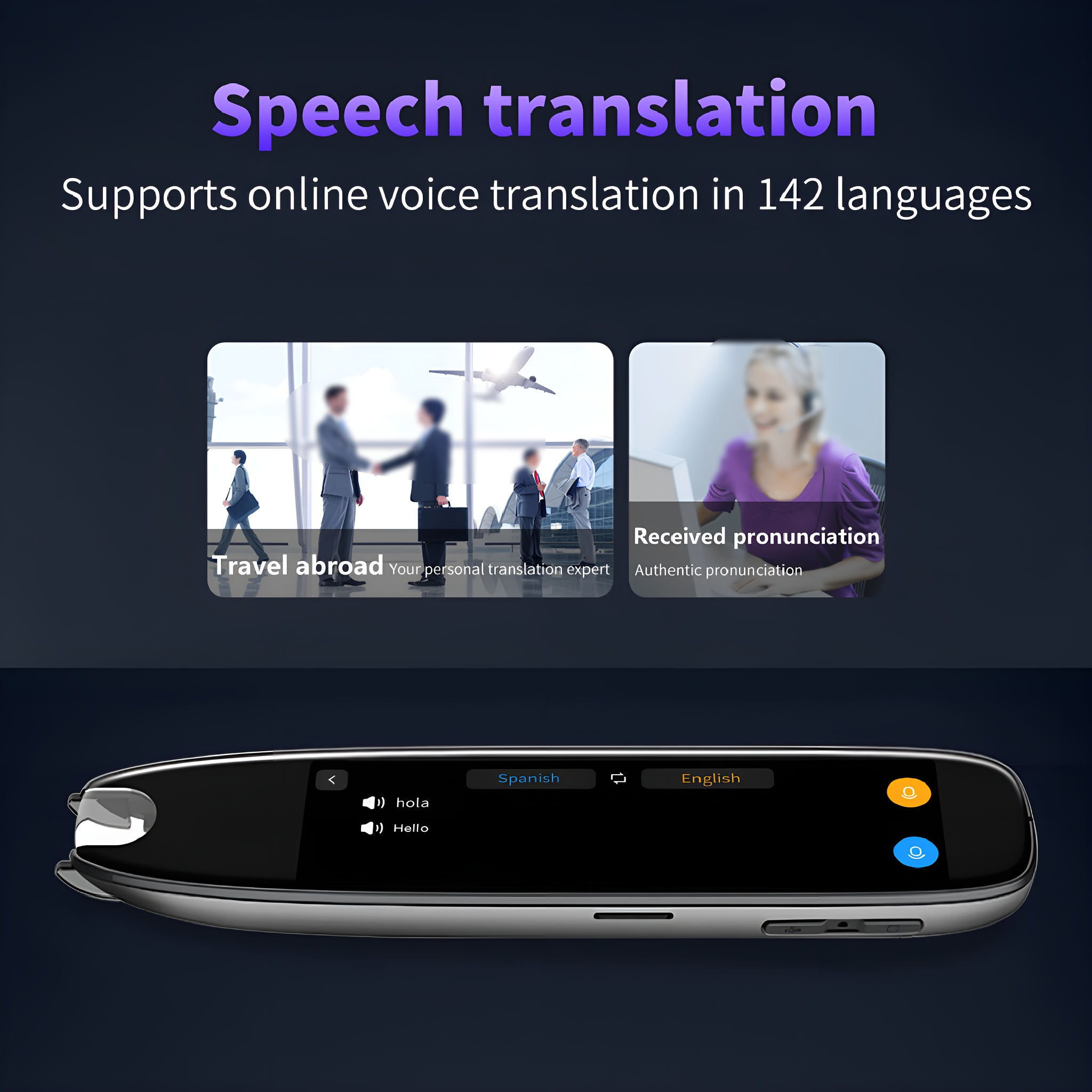Gerät zeigt spanische und englische Übersetzung. Zwei kleine Bilder zeigen Reisen und Aussprache.
