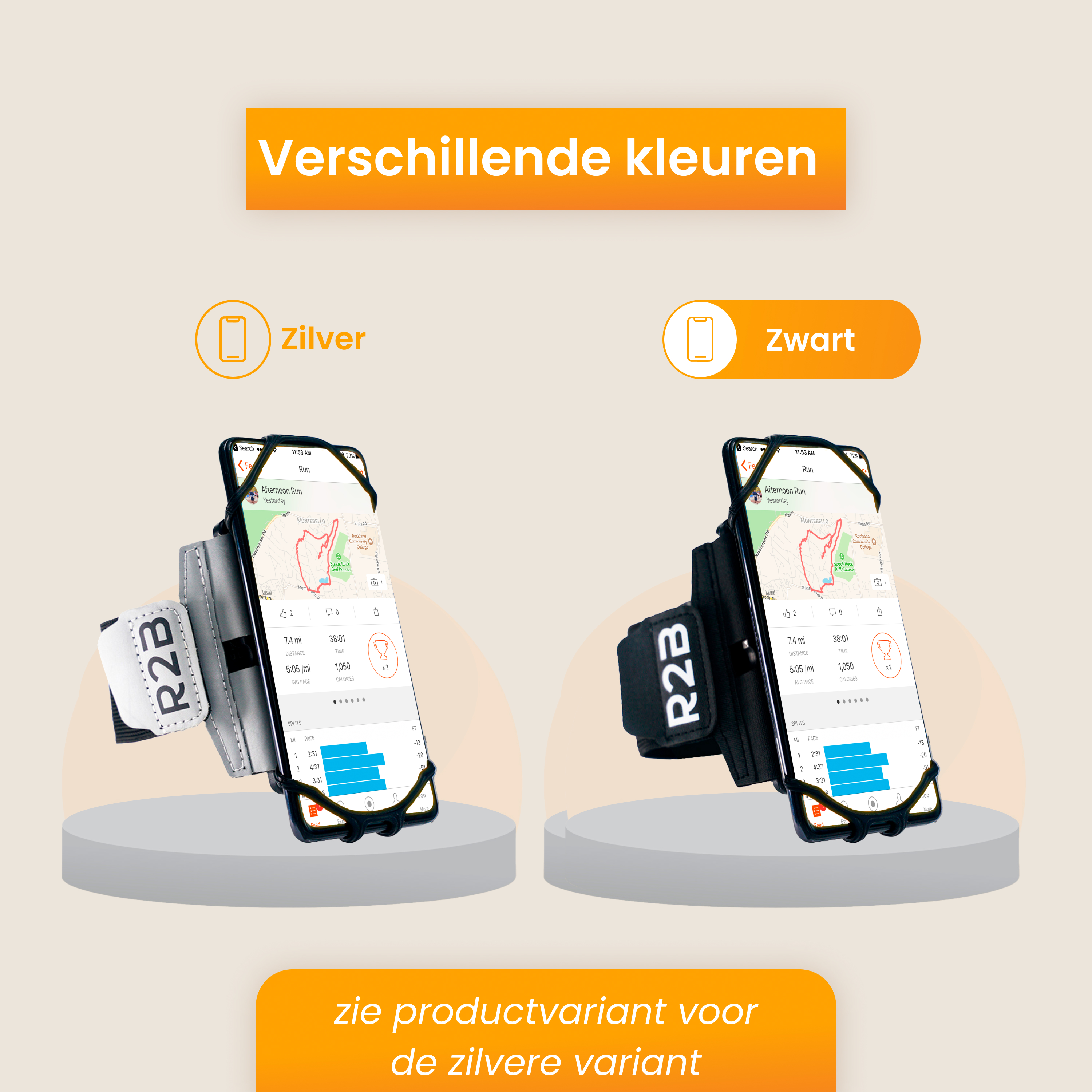 Zwei Telefone mit Armbändern. Eines silberfarben, eines schwarz, mit Text: 'R2B'.
