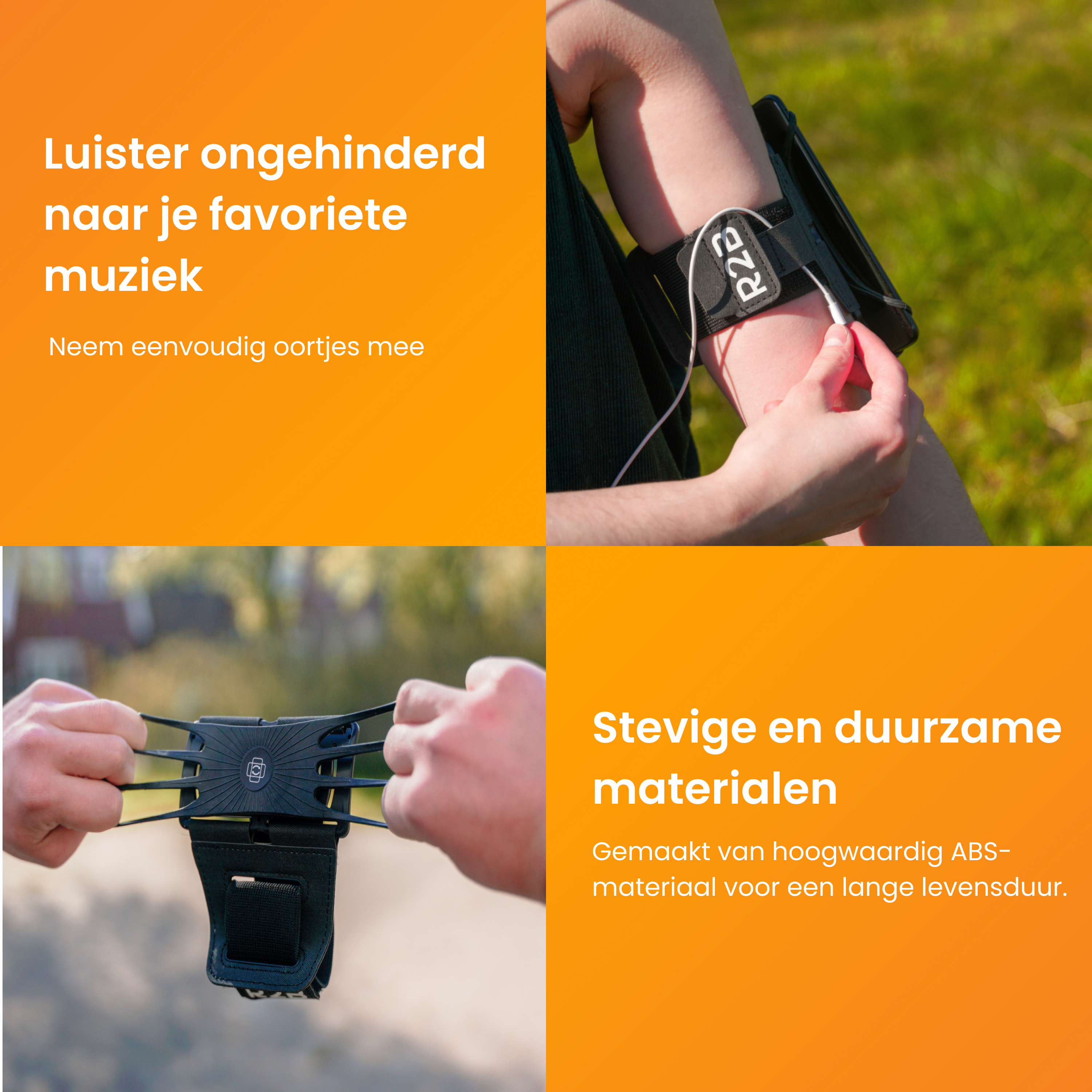 Person mit Telefon-Armband und Headset. Text auf dem Armband.