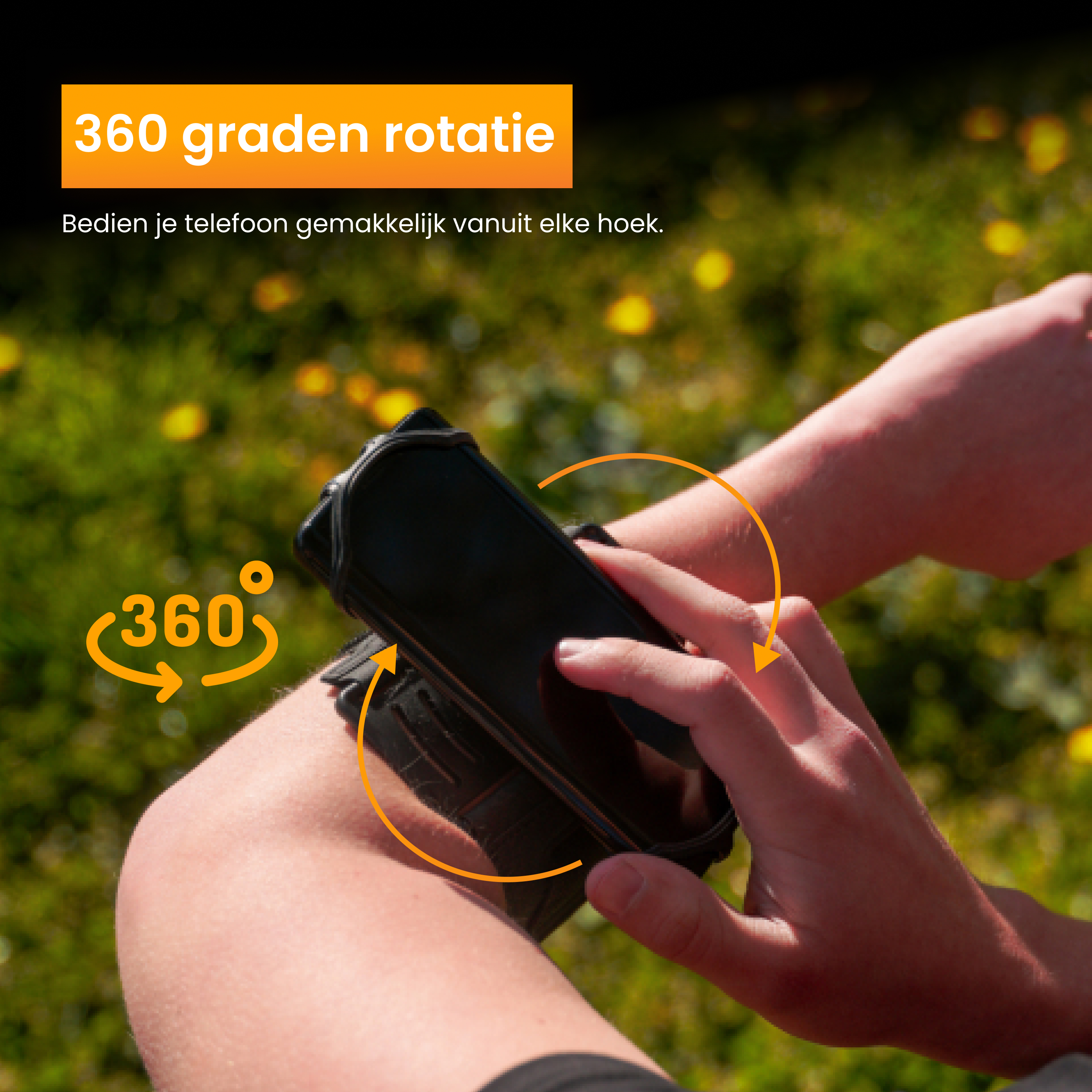 Eine Hand hält ein Telefon in einer Halterung, mit Pfeilen, die eine 360-Grad-Drehung anzeigen.