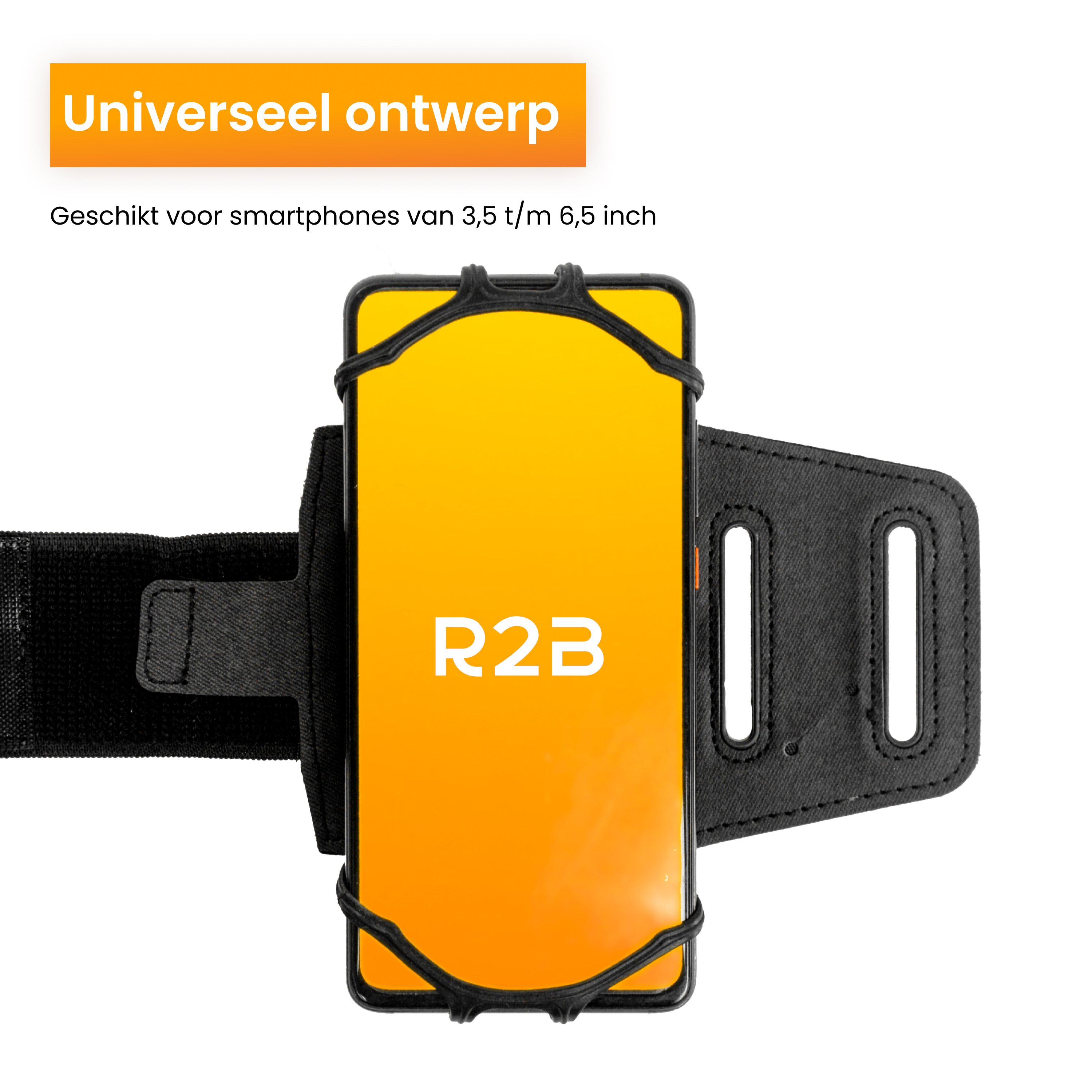 Ein schwarzes und gelbes Armband, das ein Telefon mit einem leuchtend gelben Bildschirm hält. Text: 'Universelles Design'.
