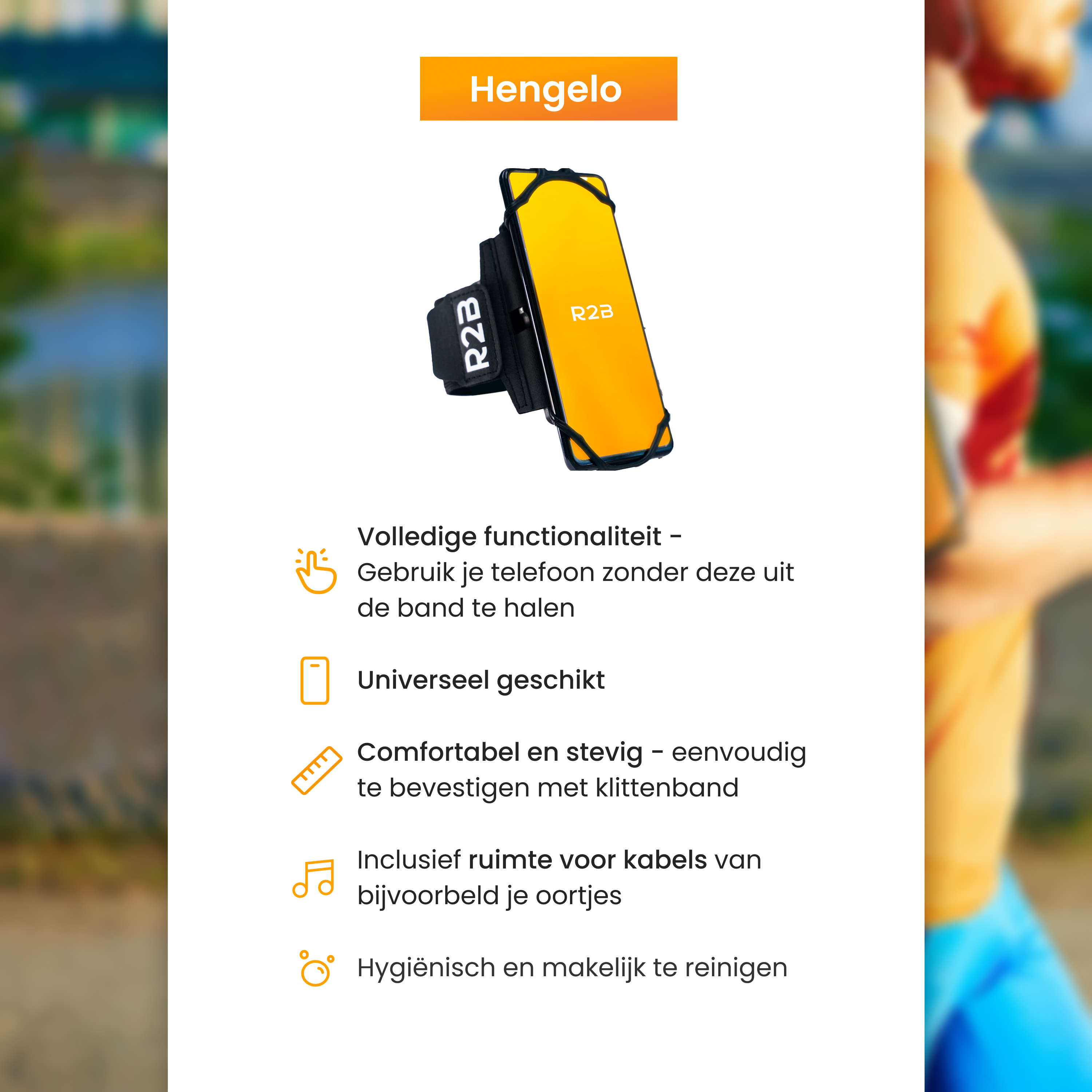 Ein Telefon ist an einem Band befestigt, mit Text und Symbolen, die Funktionen hervorheben.