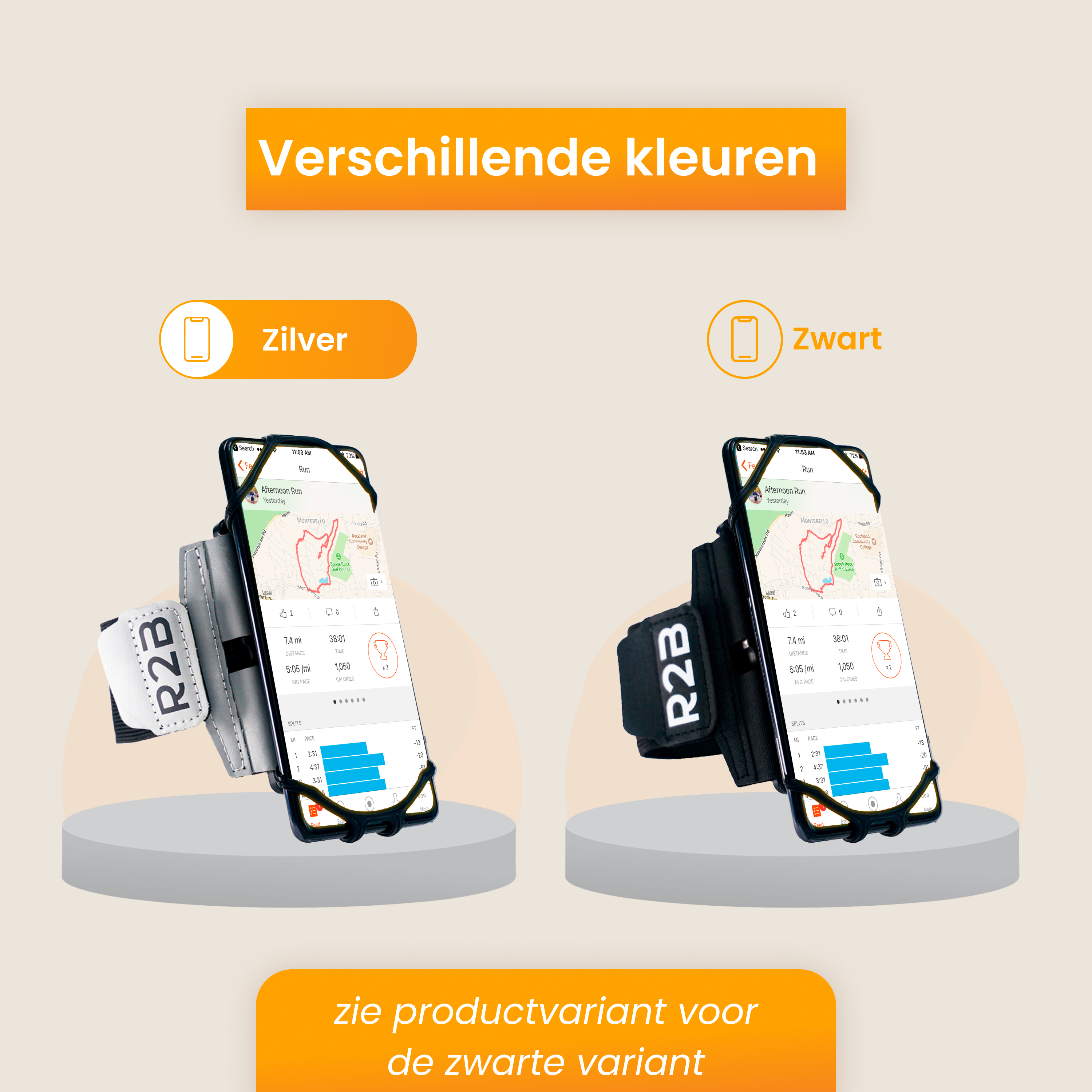 Twee telefoonhouders, zilver en zwart. Elk toont een telefoon met een kaart. De tekst is in het Nederlands.