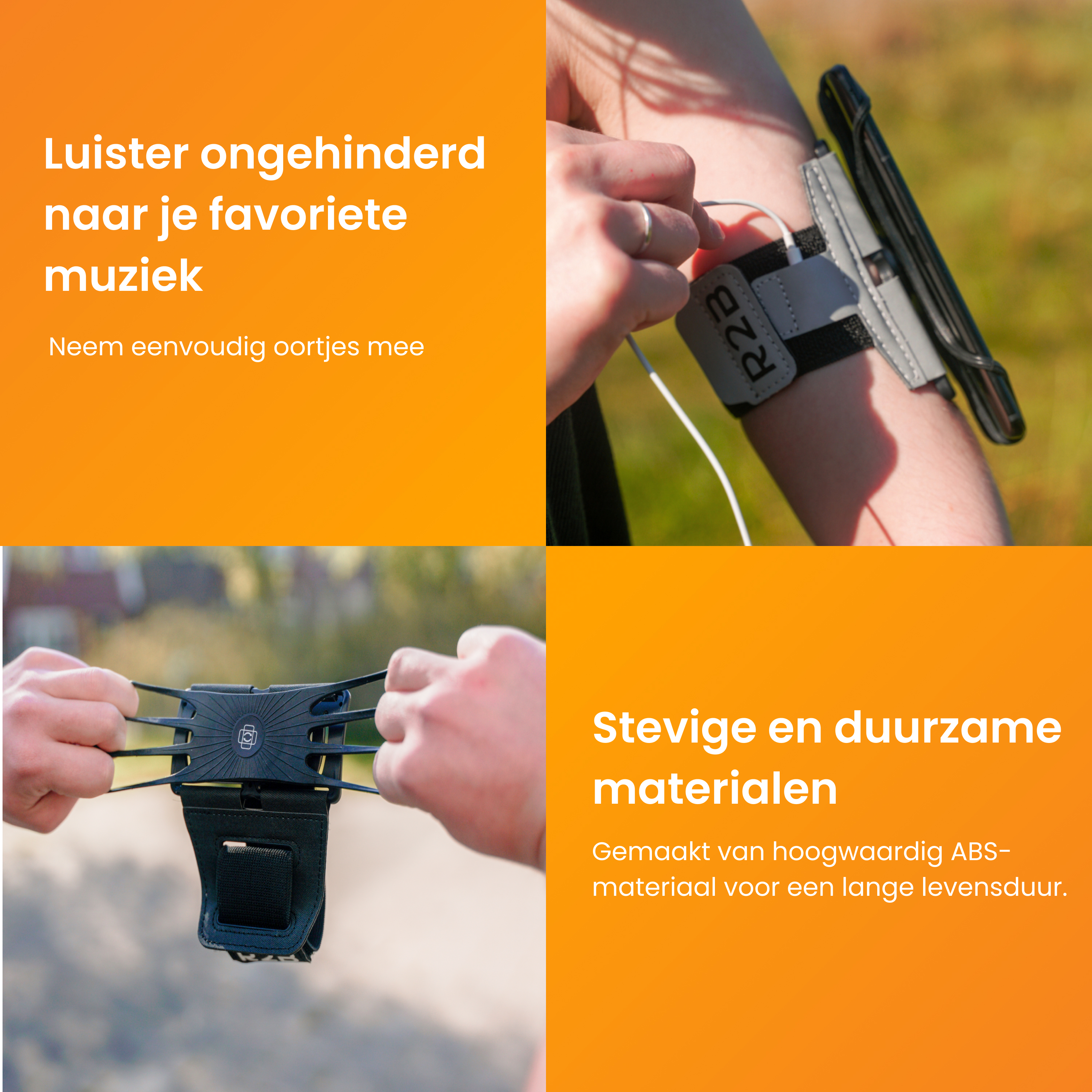 Een persoon die een telefoonhouder om de arm draagt, met tekst in het Nederlands.
