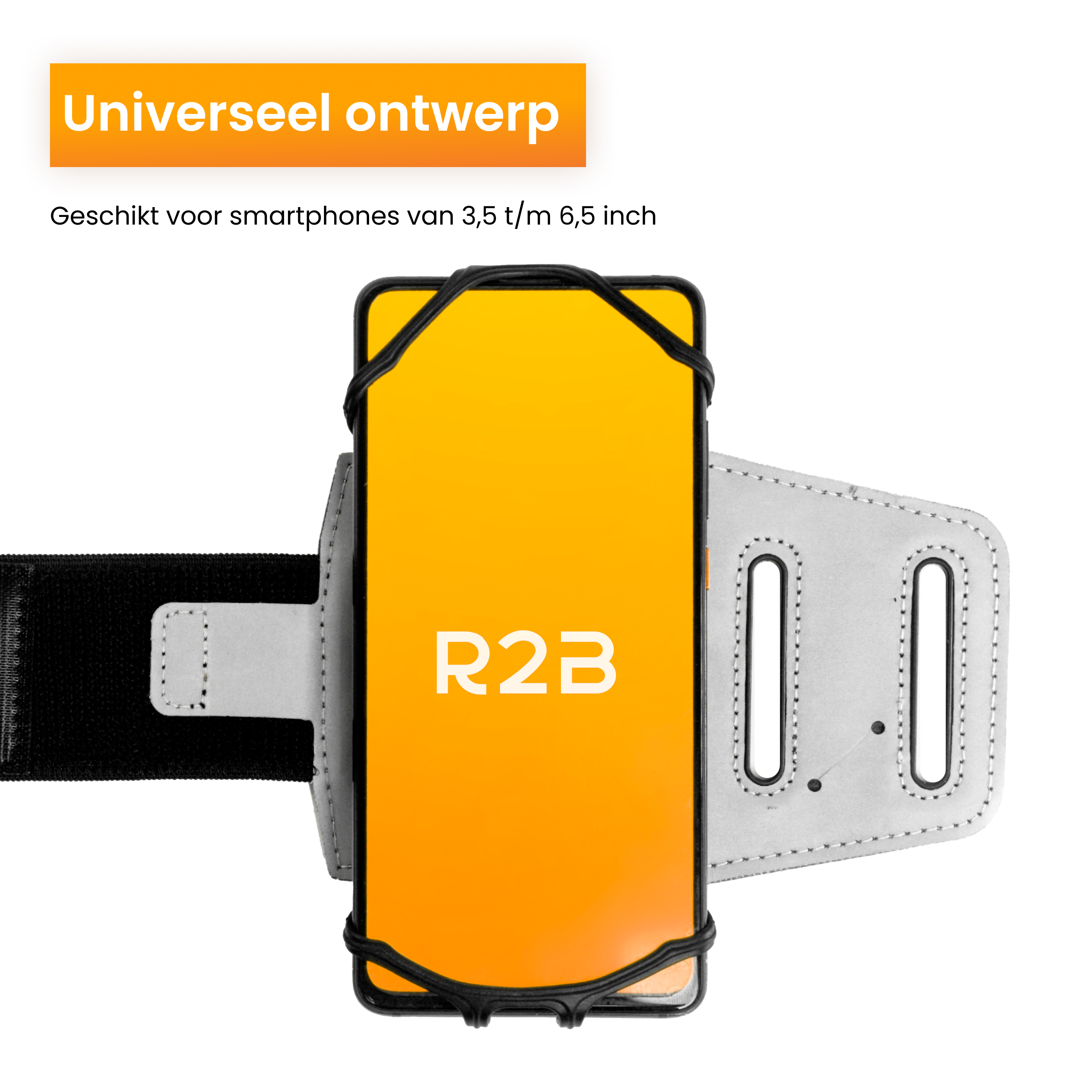 Smartphone in een zwart-witte armband, met de tekst "R2B" op het scherm.