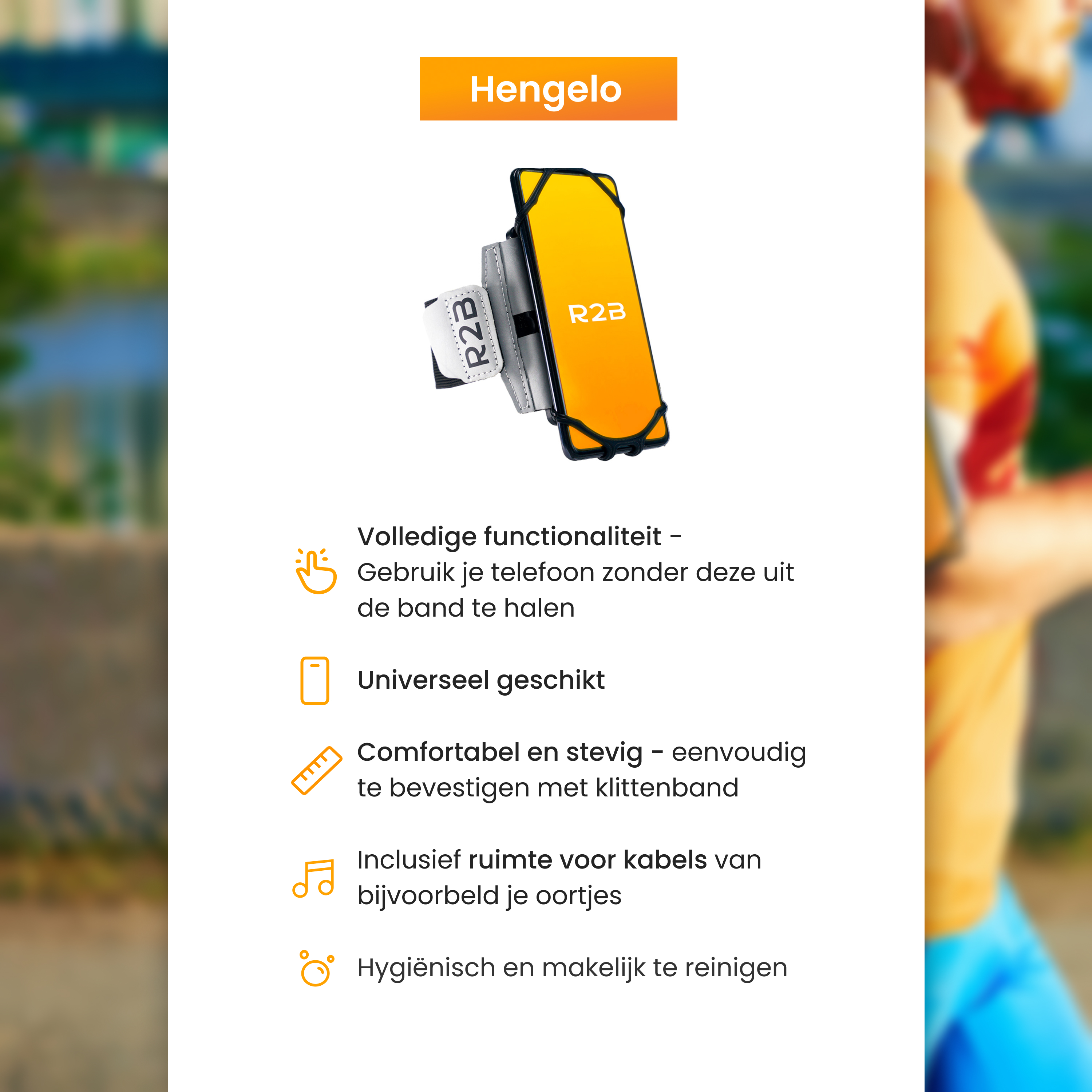 Telefoonhouder met telefoon, tekst in het Nederlands. Het heeft een telefoon en een witte band.
