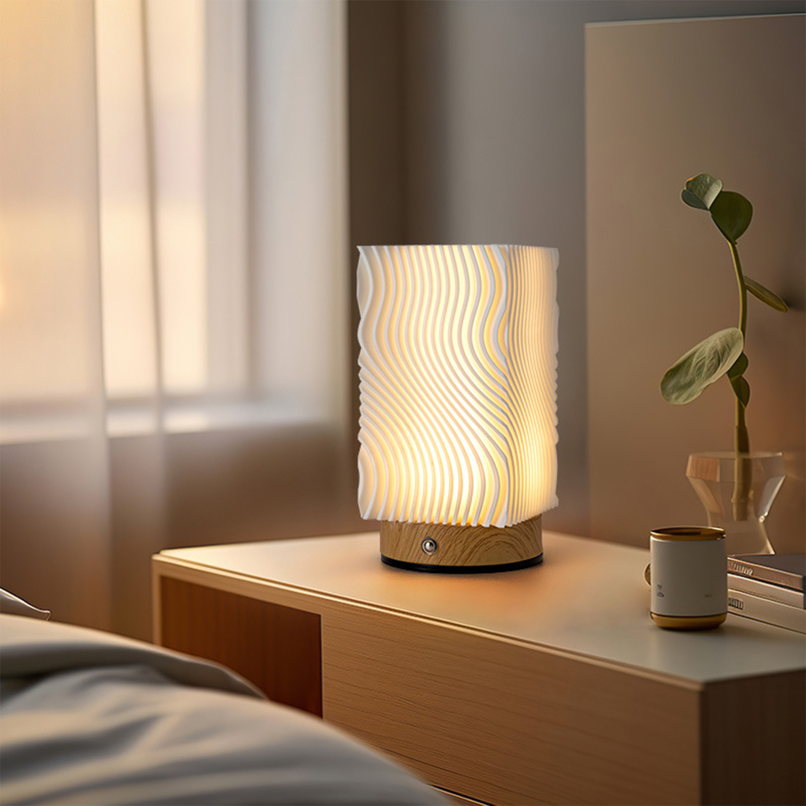 Eine Lampe mit wellenförmigem Design auf einem Nachttisch. Eine Tasse und ein Buch befinden sich ebenfalls auf dem Nachttisch.