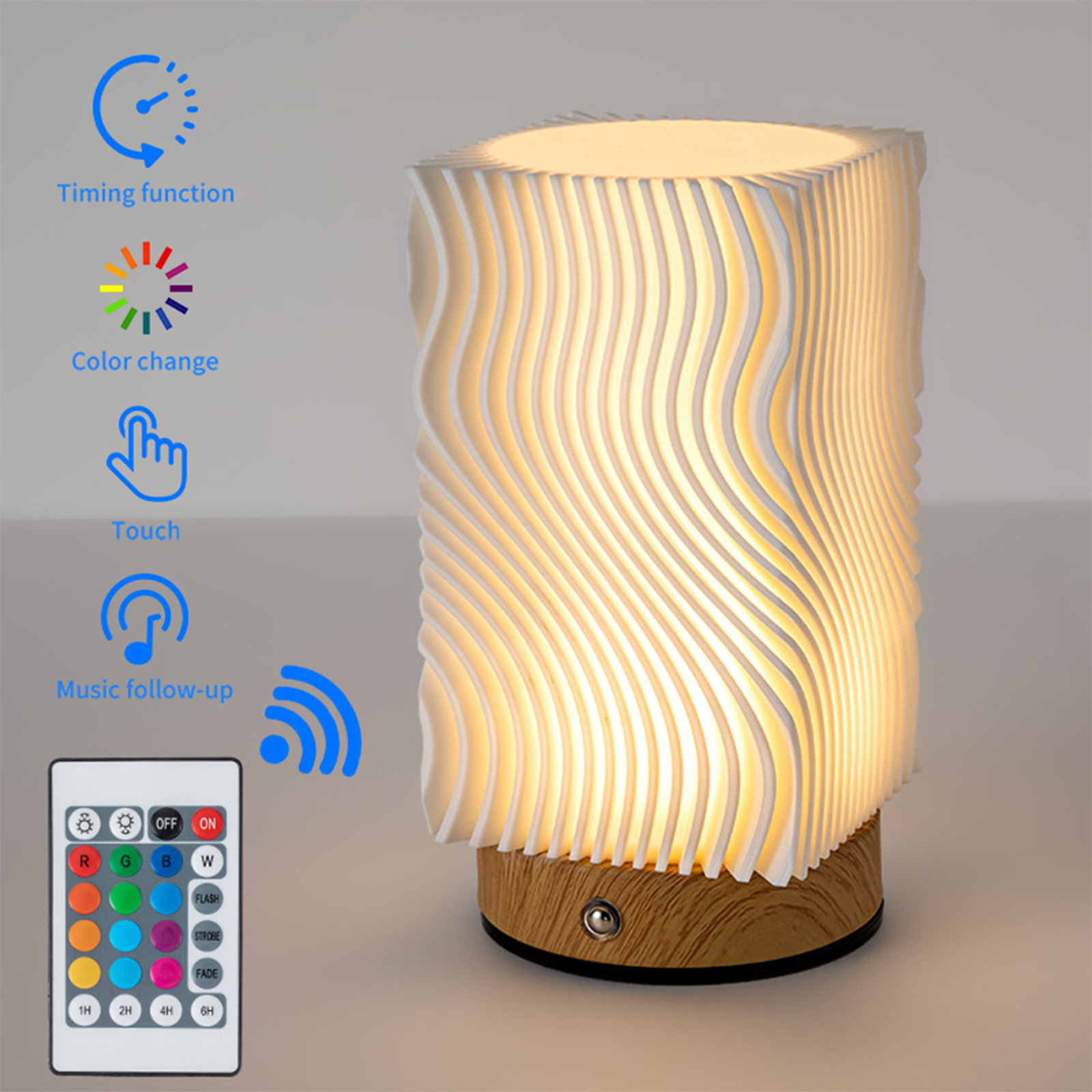 Buchförmige Lampe, weißes Wellendesign, Holzsockel. Mit Fernbedienung und Touch-Steuerung.