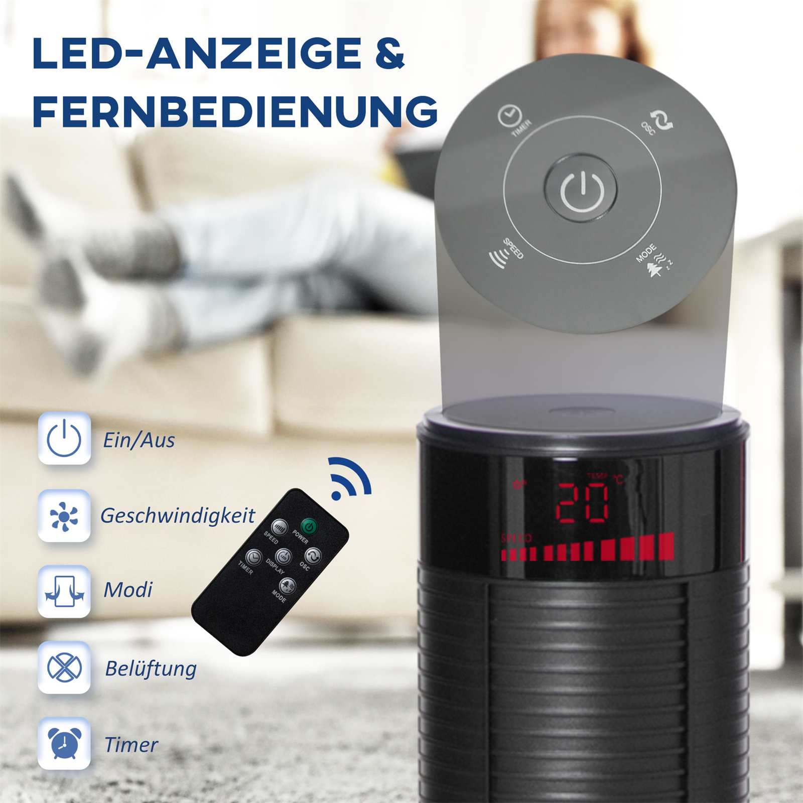 Schwarze Heizung mit Bedienfeld. Das Display zeigt die Temperatur. Fernbedienung ist enthalten.