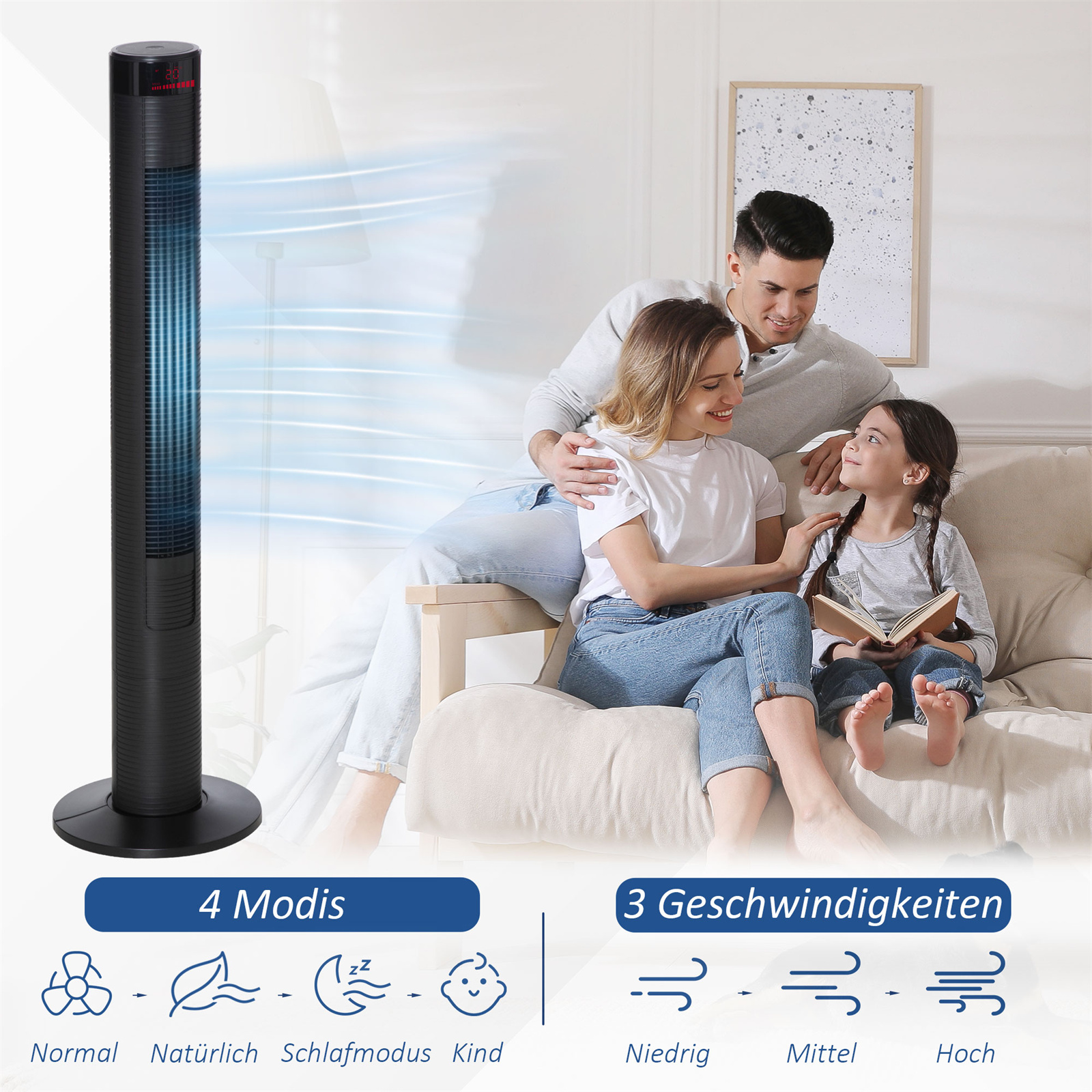 Ein schwarzer Turmventilator, der Luft bläst. Eine dreiköpfige Familie sitzt im Hintergrund auf einem Sofa.
