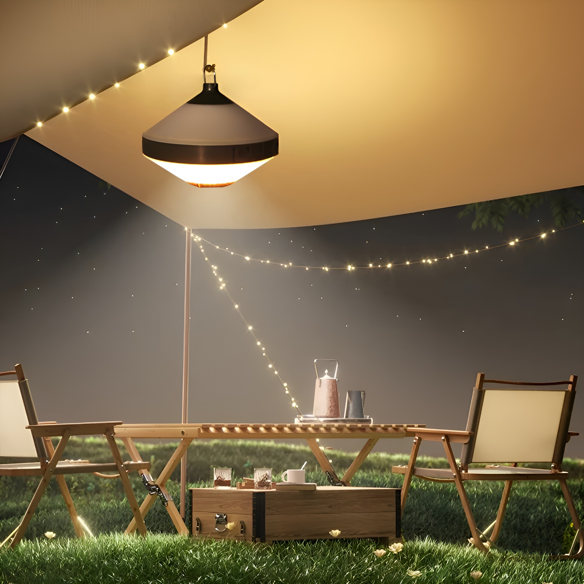 Nachtszenario mit Camping-Setting, beleuchtet von einer Hängelampe und Lichterketten.