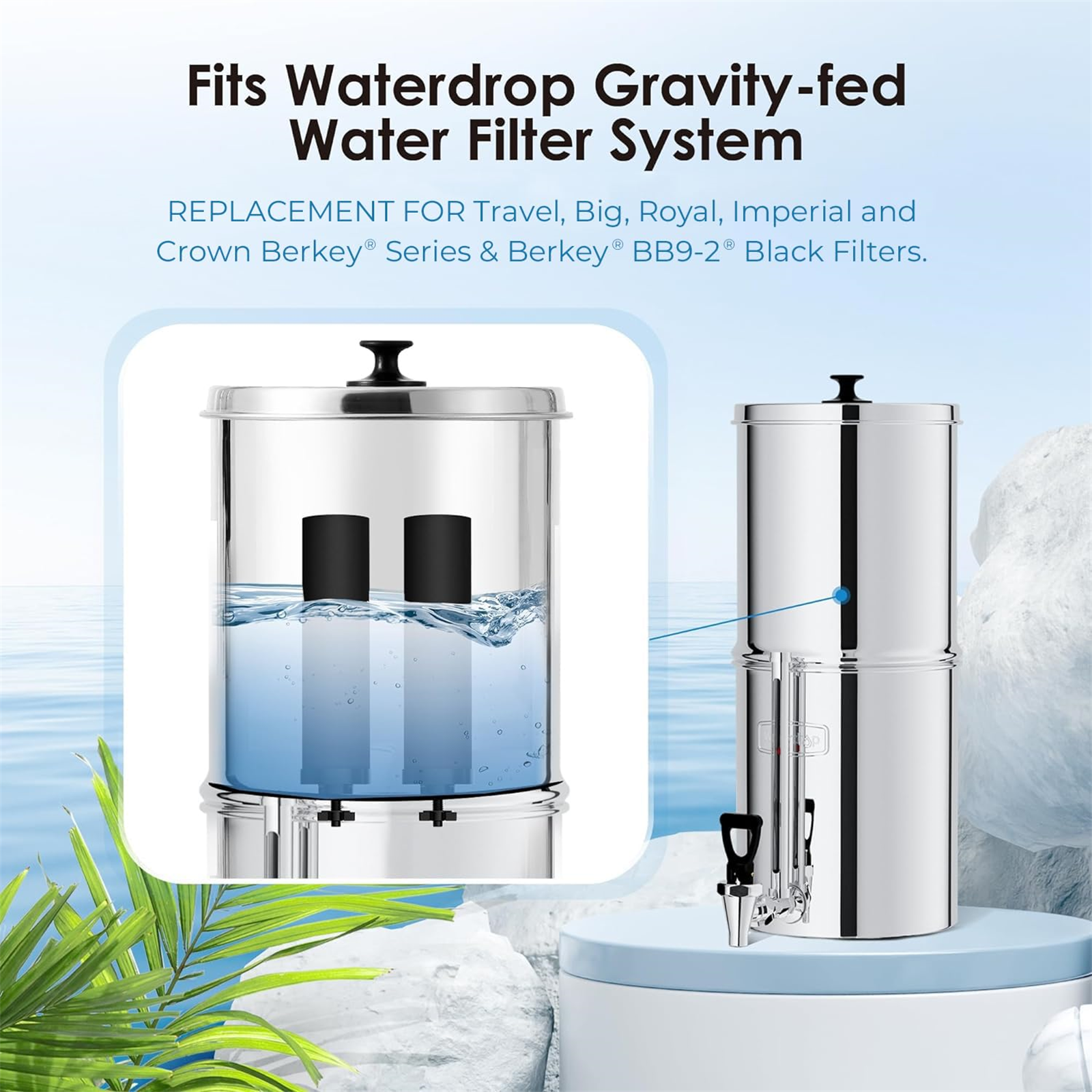 Wasserfiltersystem mit zwei schwarzen Filtern und einem Wasserbehälter.