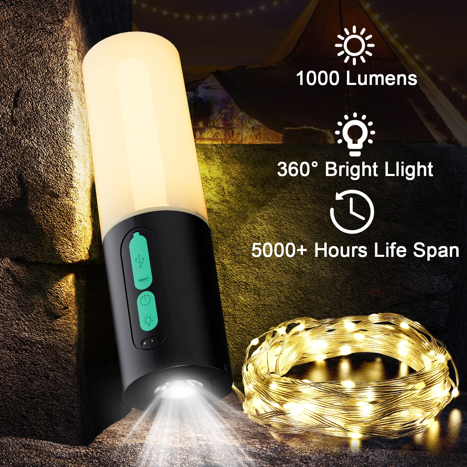 Schwarz-grüne Taschenlampe mit weißem Licht. Enthält Text über Lumen und Lebensdauer.
