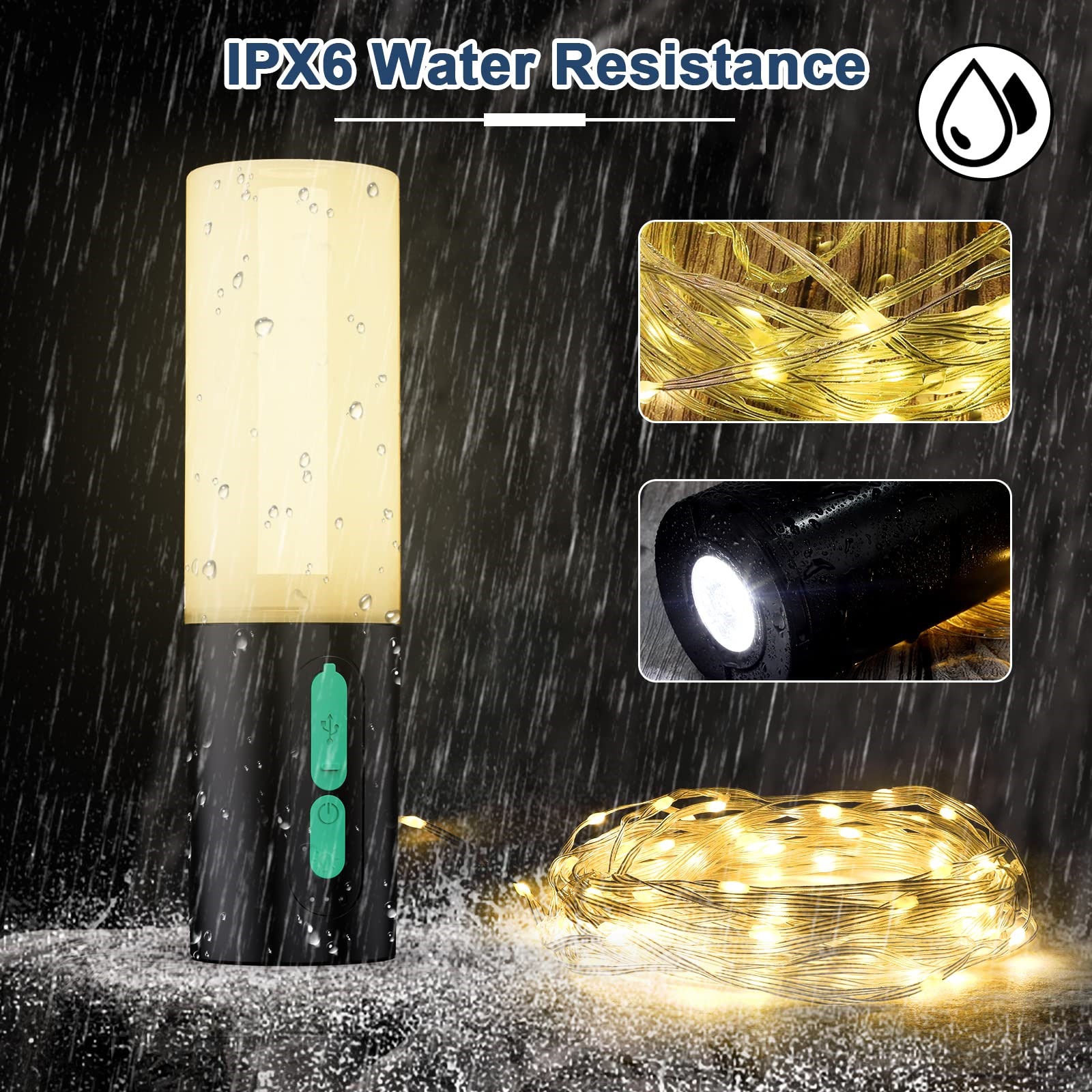 Zylindrisches Gerät im Regen. Es hat ein Licht, eine Taste und Lichterketten. IPX6 Wasserdichtigkeit.