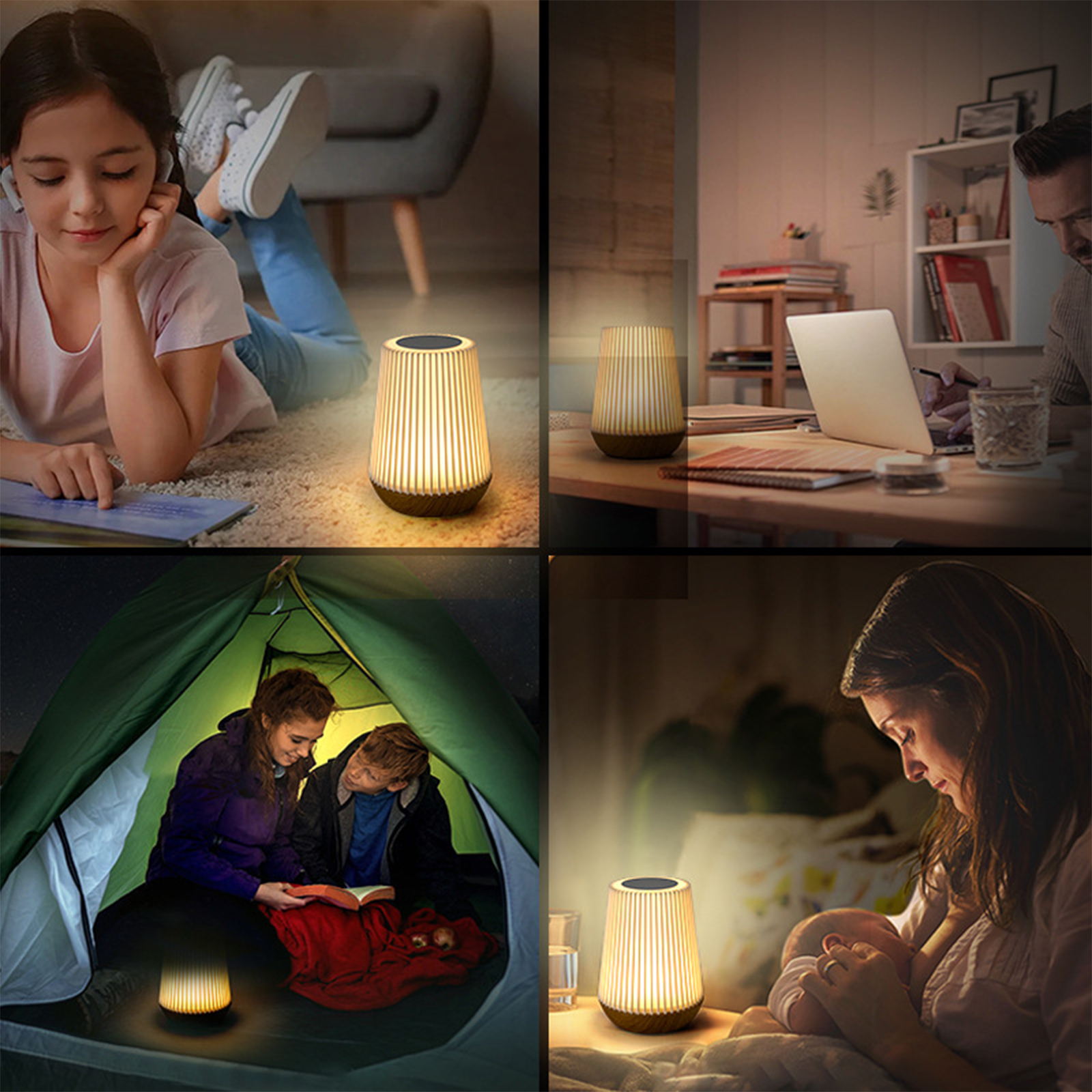 Mehrere Szenen mit einer Holzlampe in verschiedenen Umgebungen: Lesen, Arbeit, Camping und Stillen.